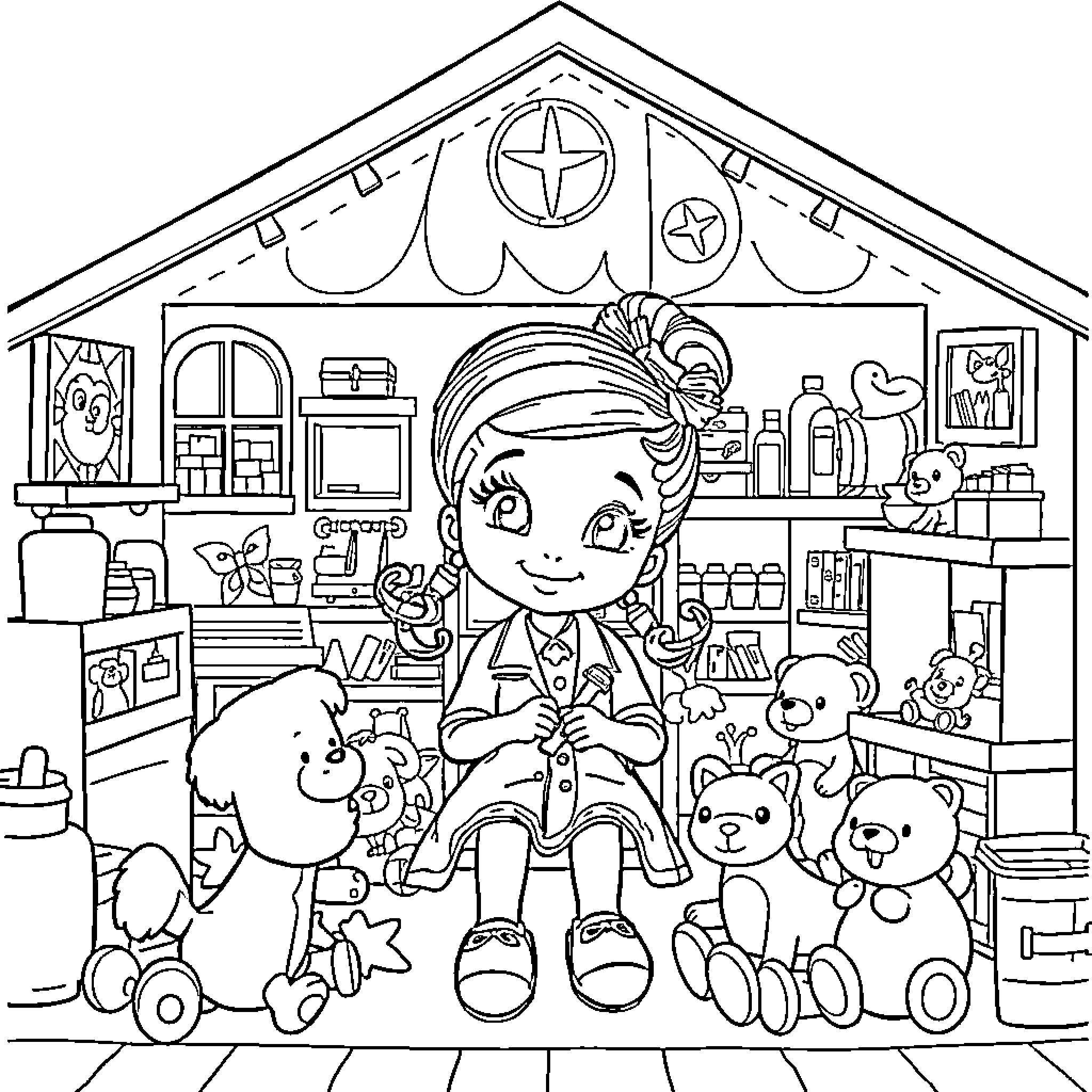 Dollhouse with a happy girl playing with toys Coloring Page (free black-and-white line drawing printable PDF for all, from beginners to advanced learners, including children, teens, adults, and seniors)