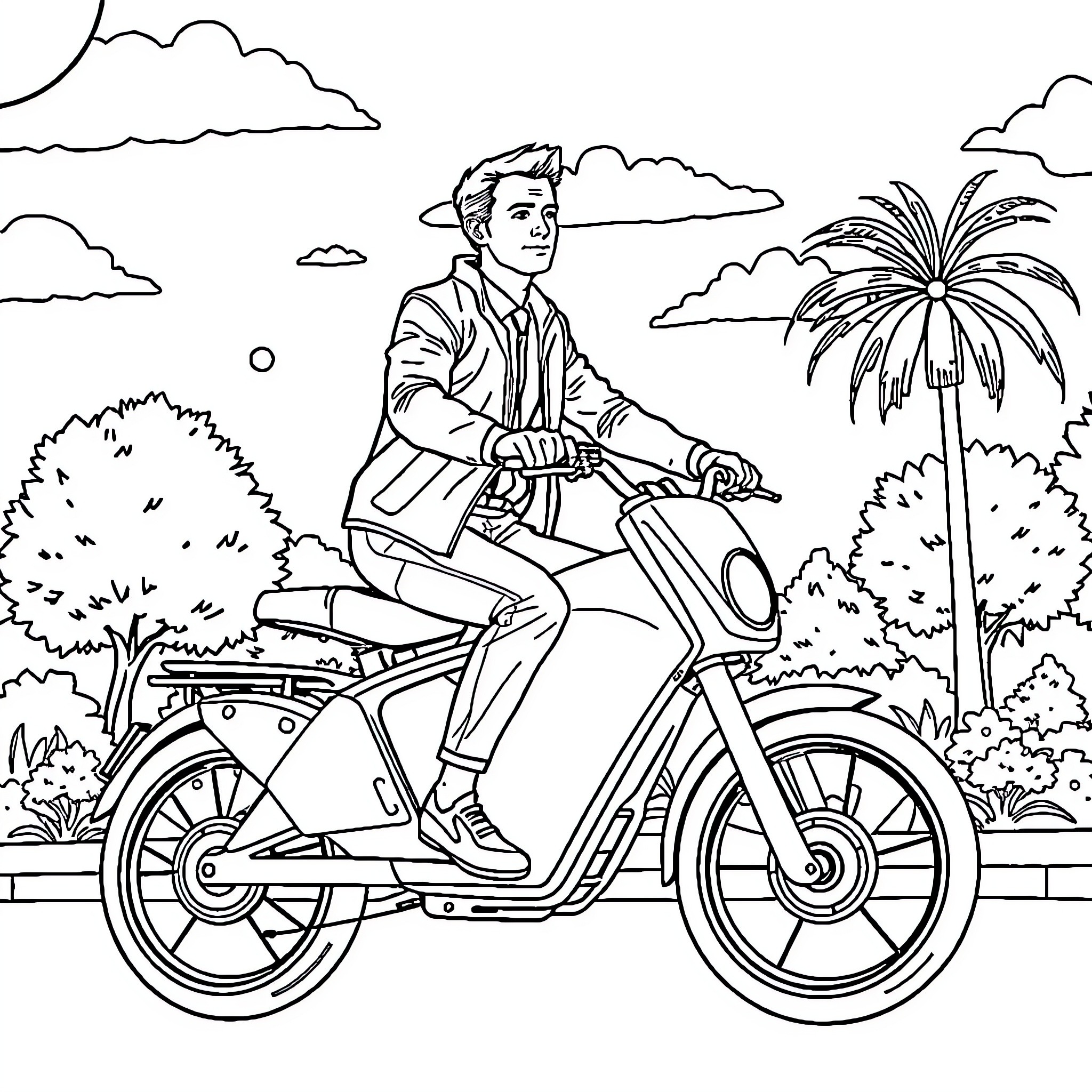 Macron riding an electric bicycle in a scenic park Coloring Page (free black-and-white line drawing printable PDF for all, from beginners to advanced learners, including children, teens, adults, and seniors)