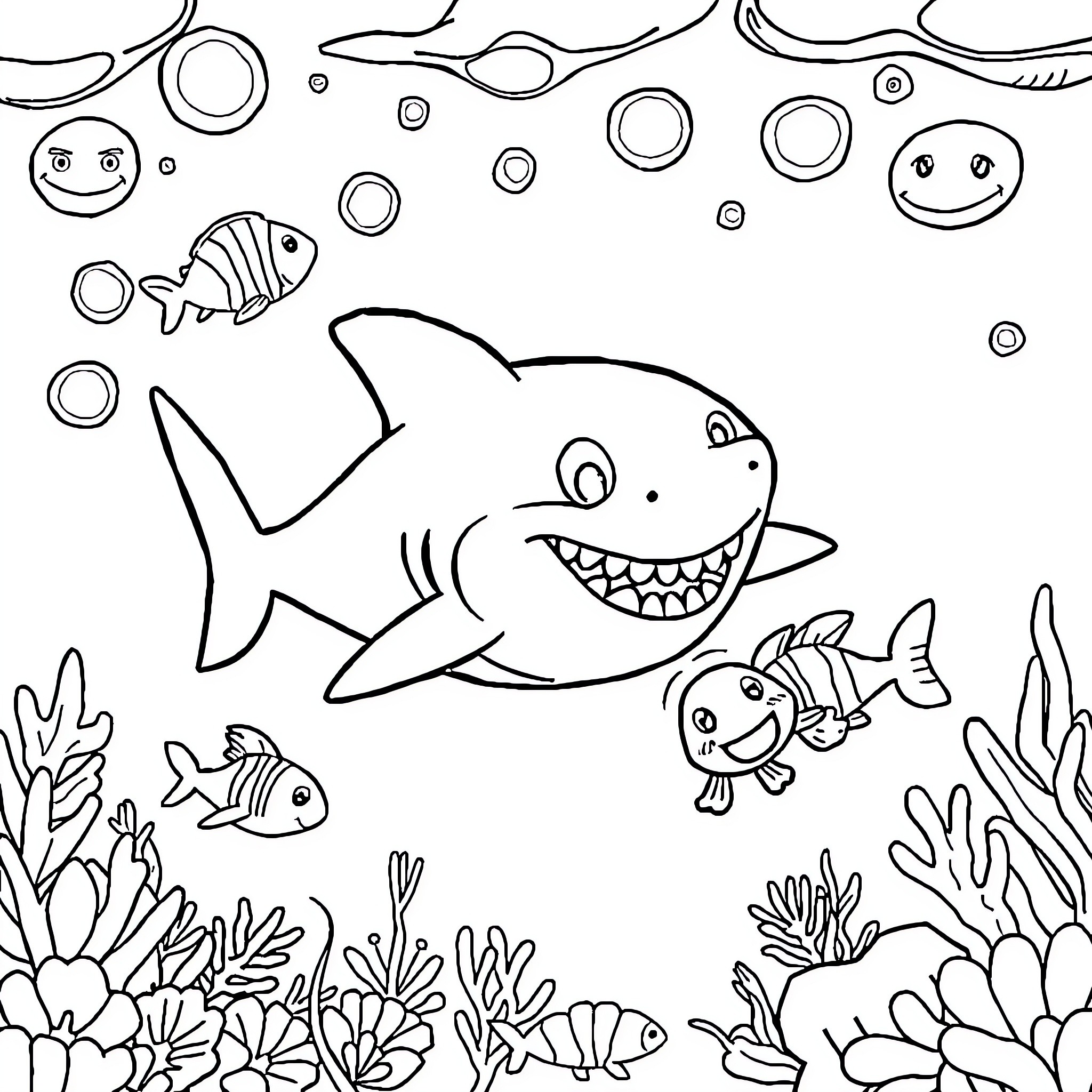 Shark swimming happily with friends in the ocean Coloring Page (free black-and-white line drawing printable PDF for all, from beginners to advanced learners, including children, teens, adults, and seniors)