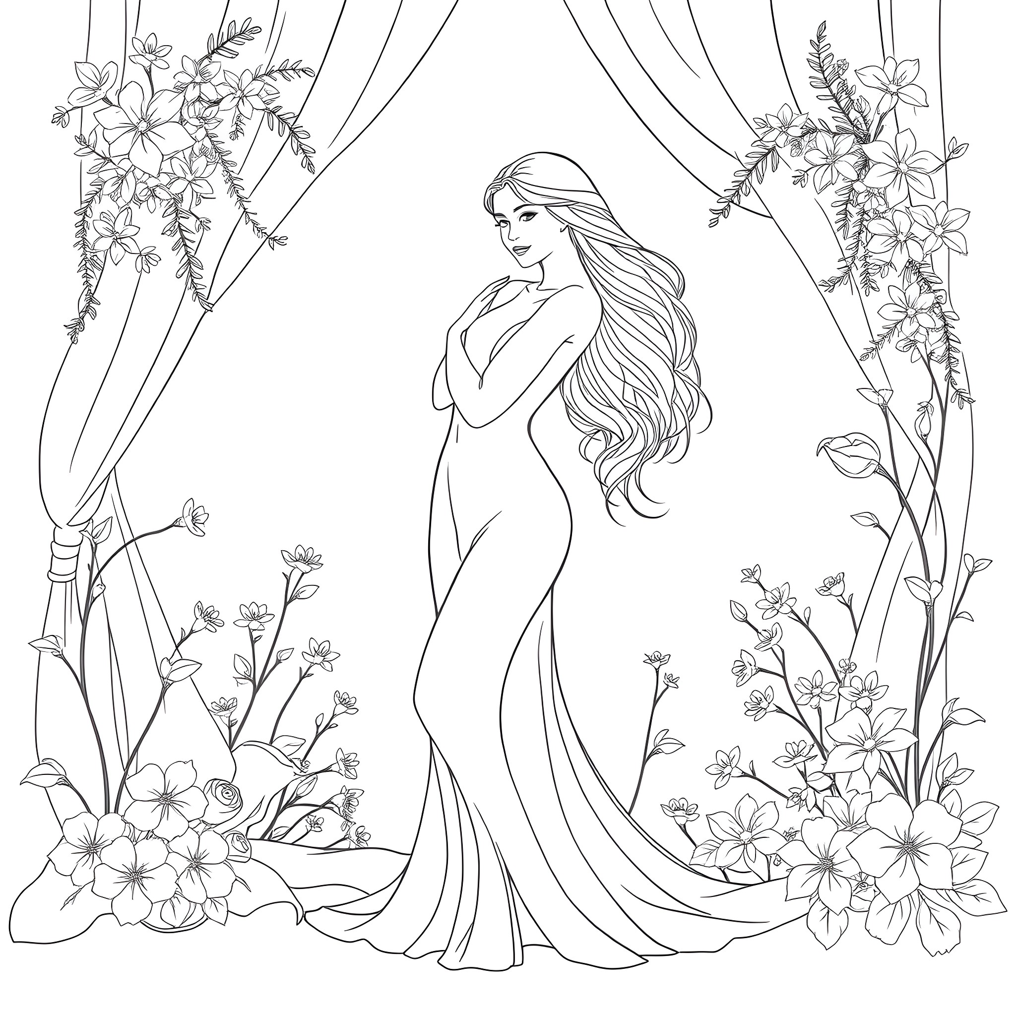 Woman in a floral gown standing in a garden Coloring Page (free black-and-white line drawing printable PDF for all, from beginners to advanced learners, including children, teens, adults, and seniors)