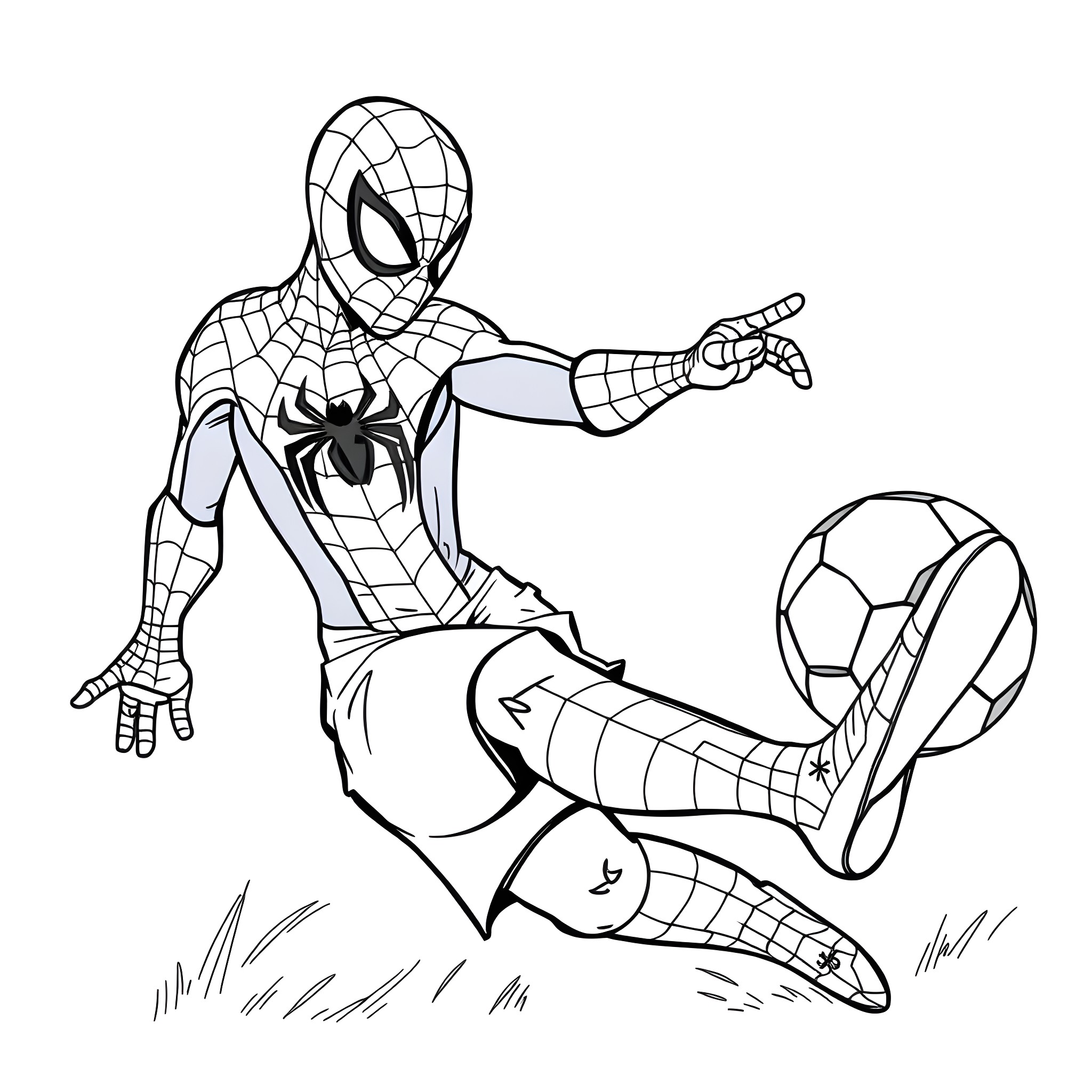 Spider-Man playing soccer in the park Coloring Page (free black-and-white line drawing printable PDF for all, from beginners to advanced learners, including children, teens, adults, and seniors)