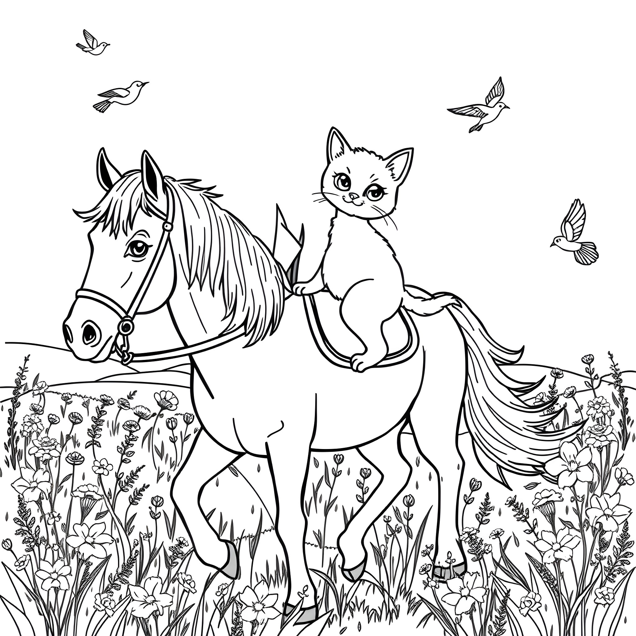 Cat Riding Playfully on a Horse in a Floral Meadow Coloring Page (free black-and-white line drawing printable PDF for all, from beginners to advanced learners, including children, teens, adults, and seniors)