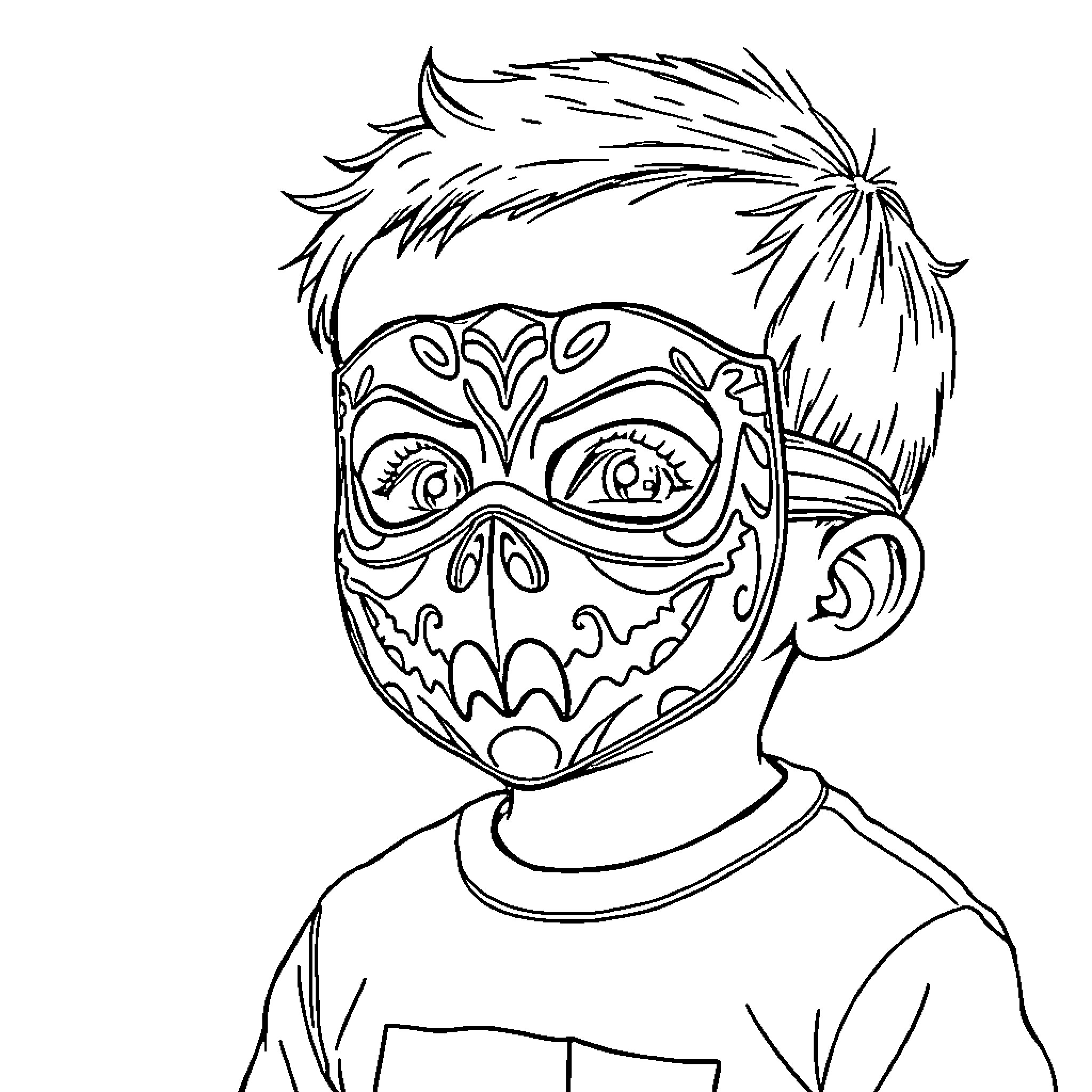 Mask with Intricate Designs on Young Person Coloring Page (free black-and-white line drawing printable PDF for all, from beginners to advanced learners, including children, teens, adults, and seniors)