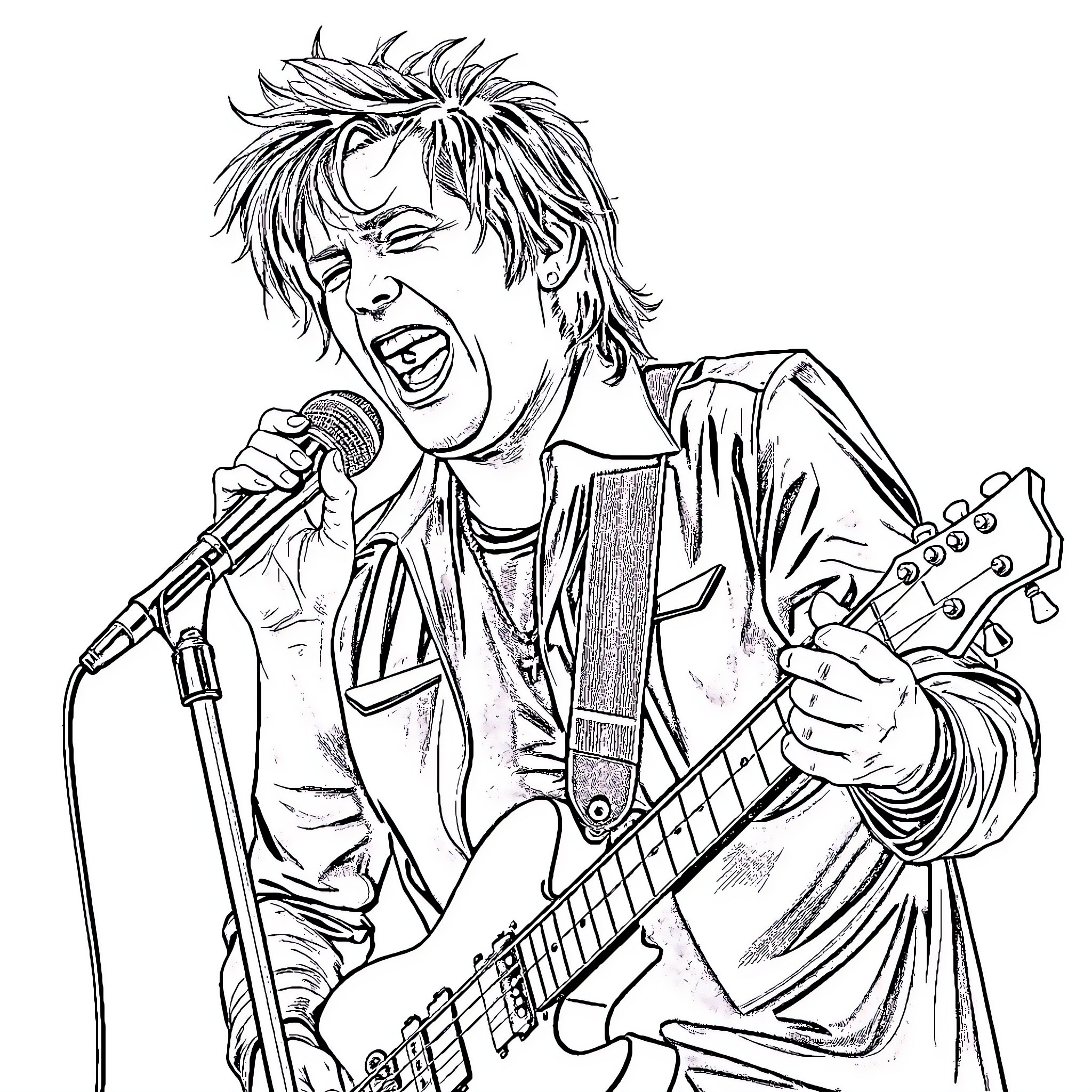 John Rzeznik performing on stage with electric guitar Coloring Page (free black-and-white line drawing printable PDF for all, from beginners to advanced learners, including children, teens, adults, and seniors)