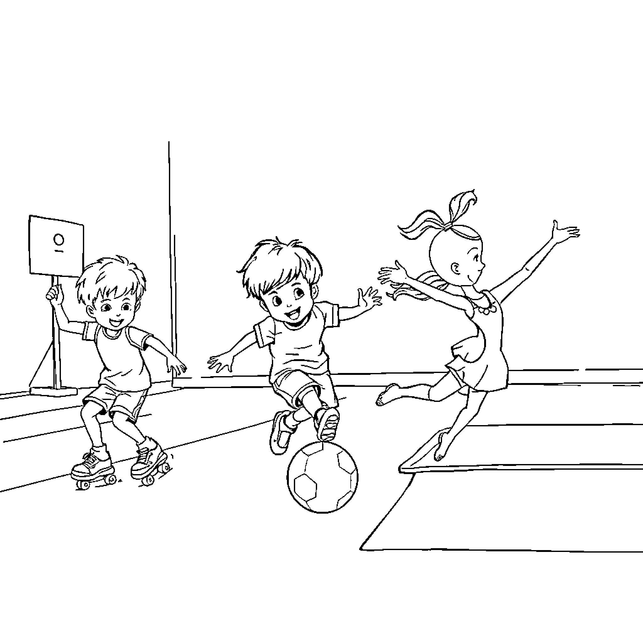 Sport kids playing football with excitement Coloring Page (free black-and-white line drawing printable PDF for all, from beginners to advanced learners, including children, teens, adults, and seniors)