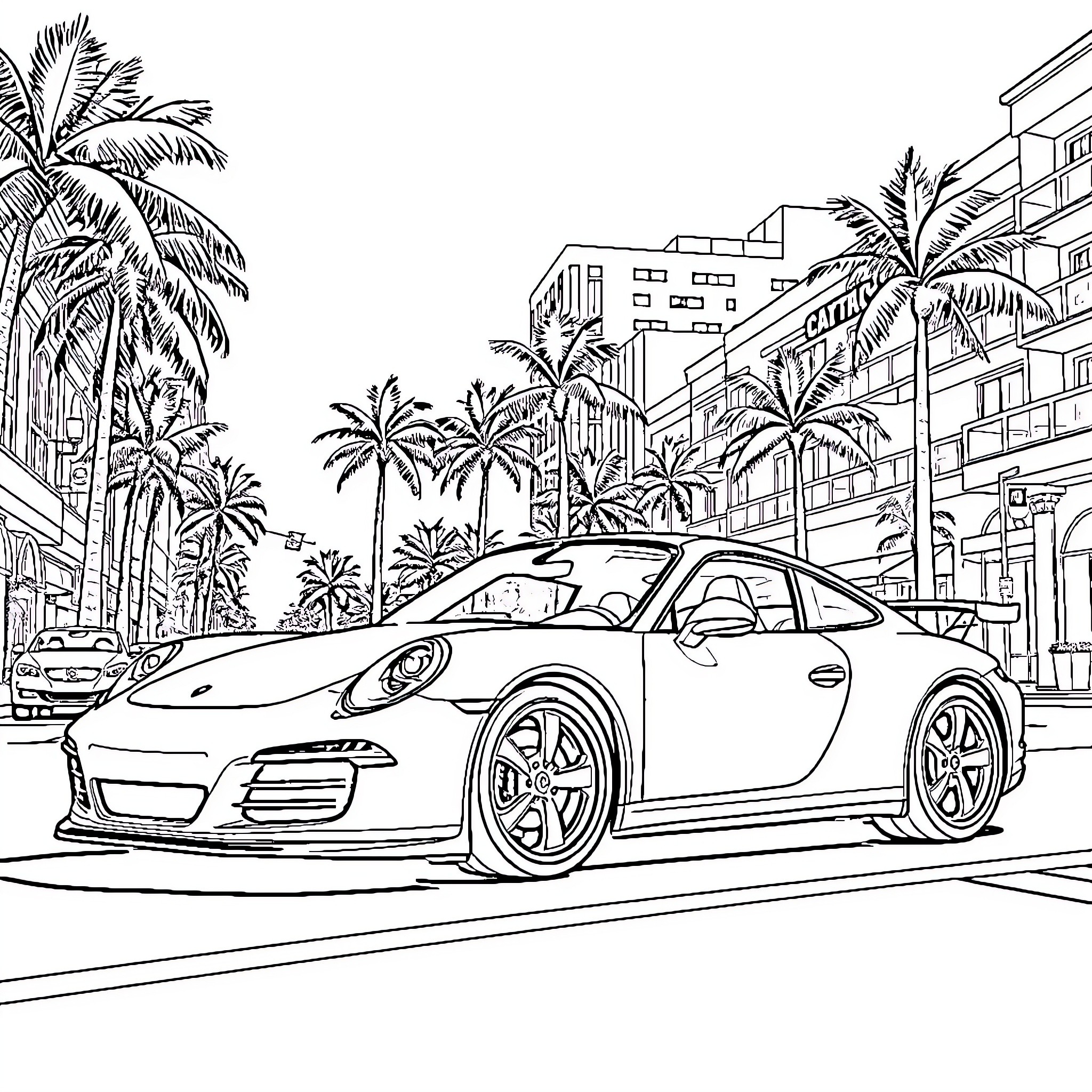Porsche sports car on a tropical city street Coloring Page (free black-and-white line drawing printable PDF for all, from beginners to advanced learners, including children, teens, adults, and seniors)