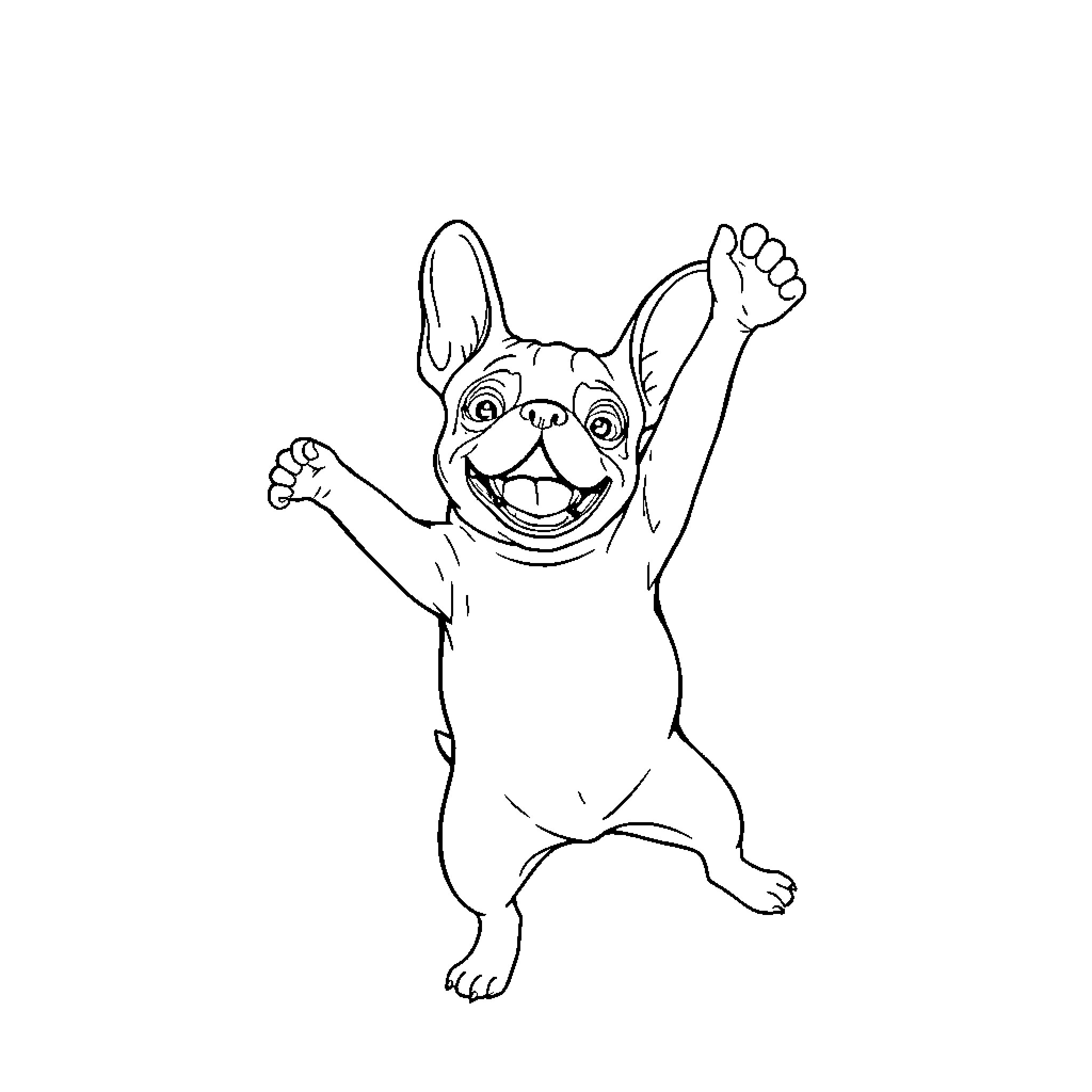 Frenchie celebrating joyfully Coloring Page (free black-and-white line drawing printable PDF for all, from beginners to advanced learners, including children, teens, adults, and seniors)