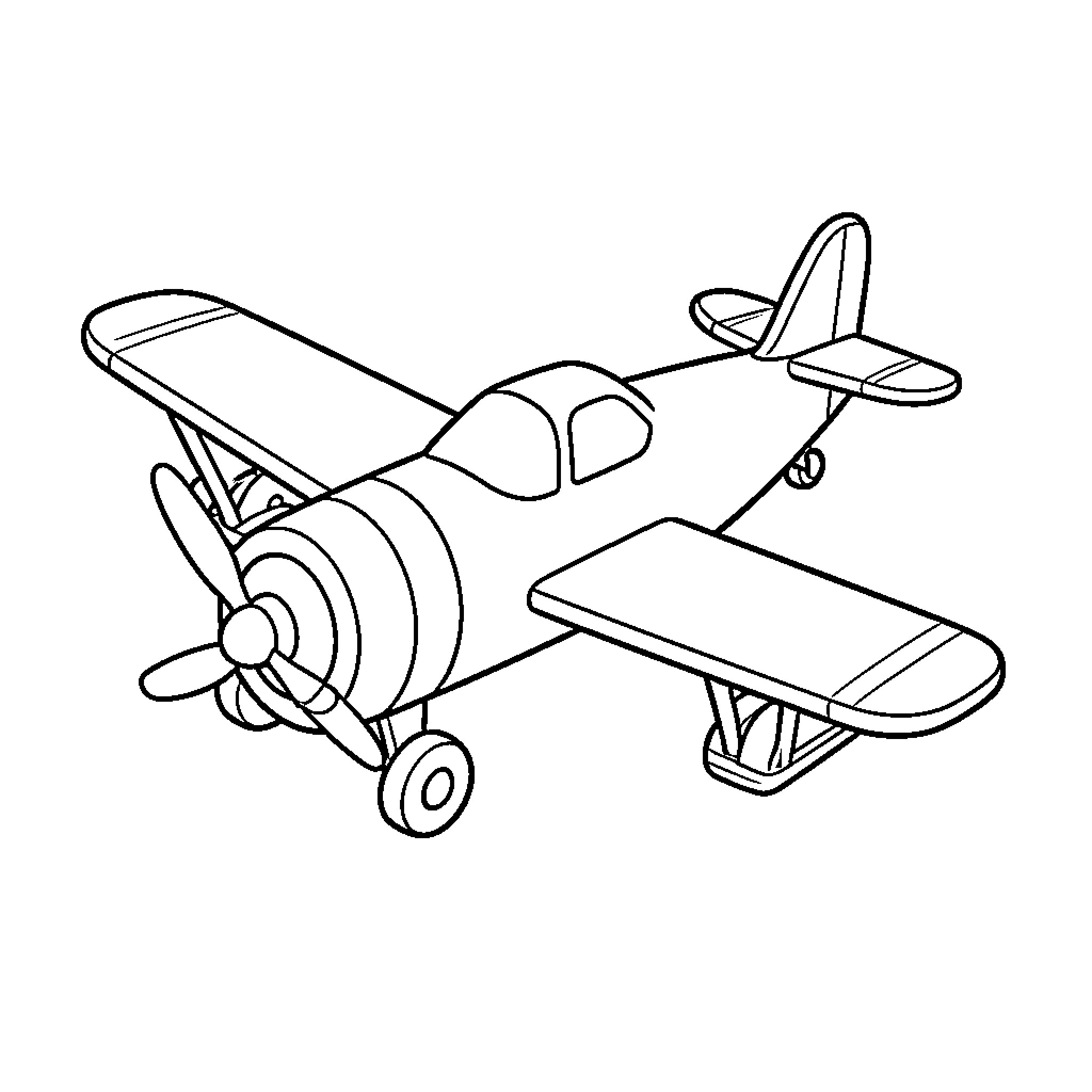 Airplane flying through the sky with propeller spinning Coloring Page (free black-and-white line drawing printable PDF for all, from beginners to advanced learners, including children, teens, adults, and seniors)