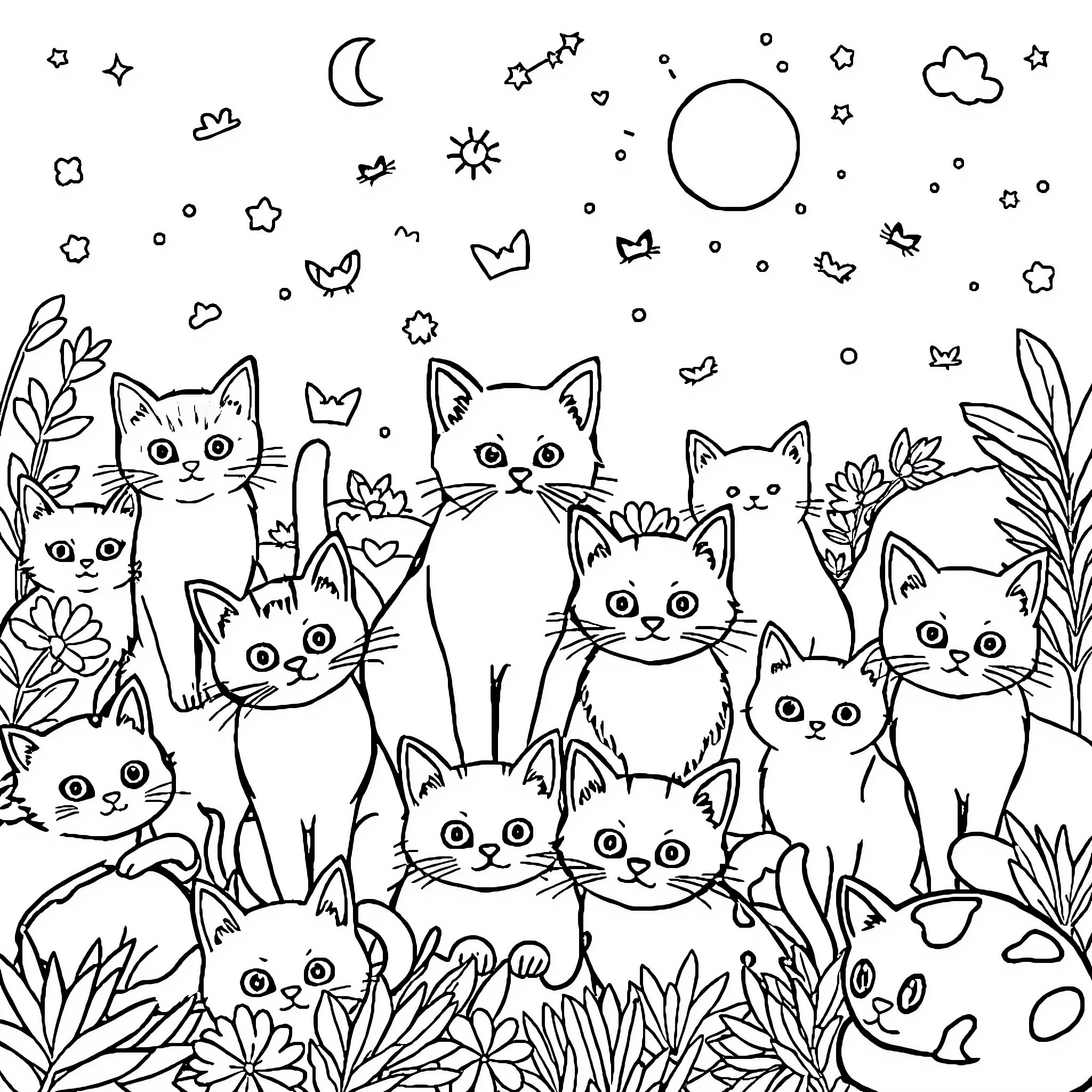 Kitty Cats in a Whimsical Garden Coloring Page (free black-and-white line drawing printable PDF for all, from beginners to advanced learners, including children, teens, adults, and seniors)