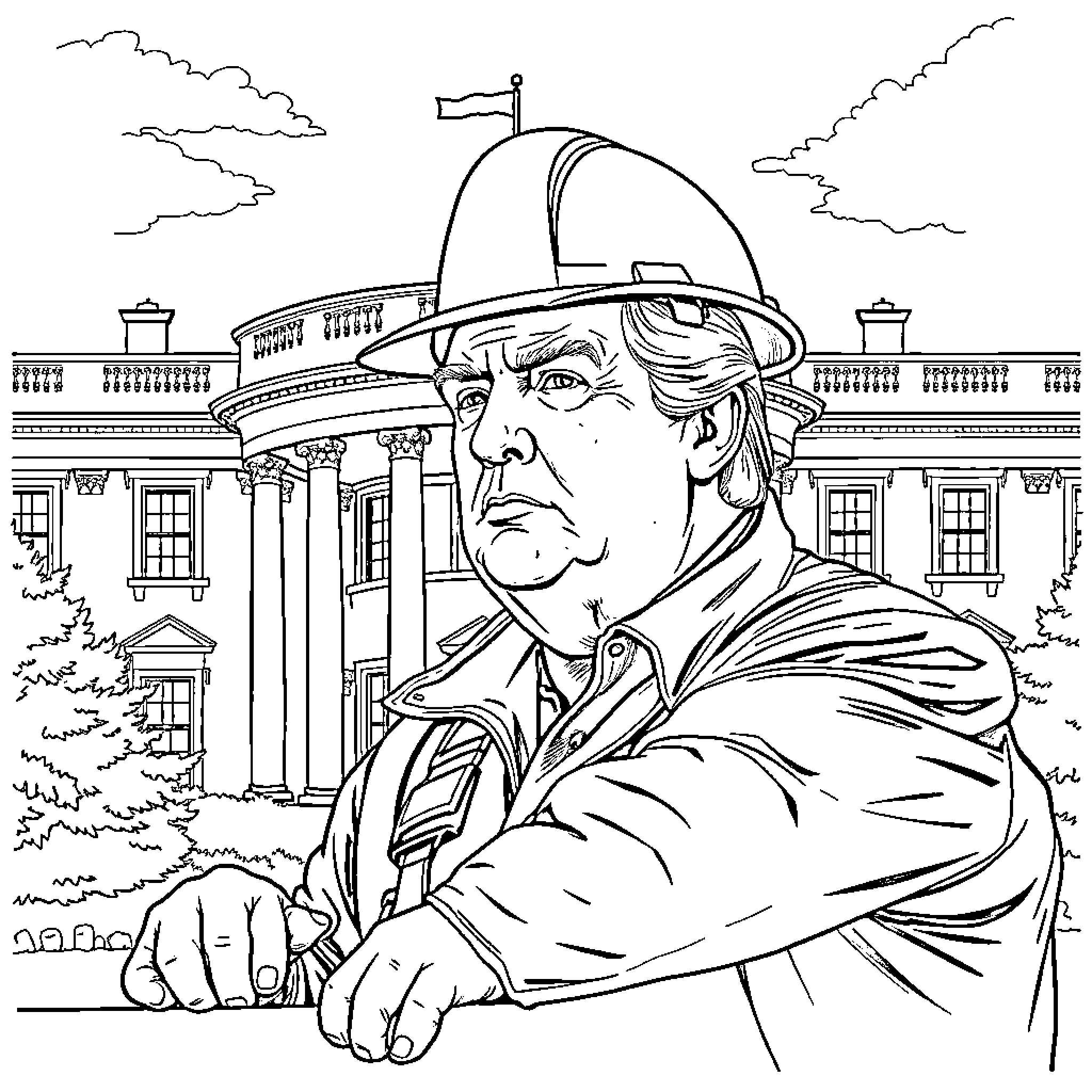 Trump standing firm in front of the White House Coloring Page (free black-and-white line drawing printable PDF for all, from beginners to advanced learners, including children, teens, adults, and seniors)