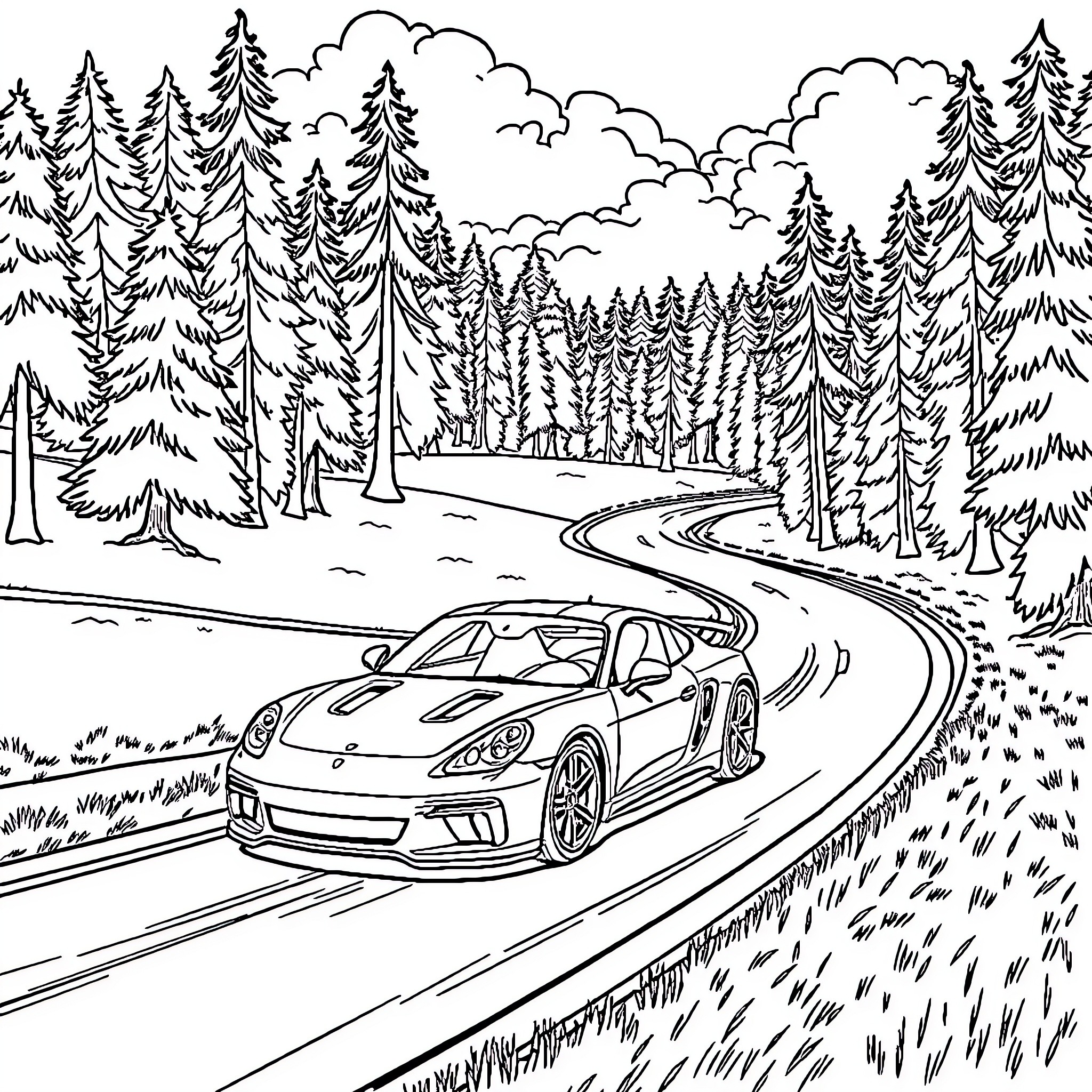 Car speeding on winding road through forest Coloring Page (free black-and-white line drawing printable PDF for all, from beginners to advanced learners, including children, teens, adults, and seniors)