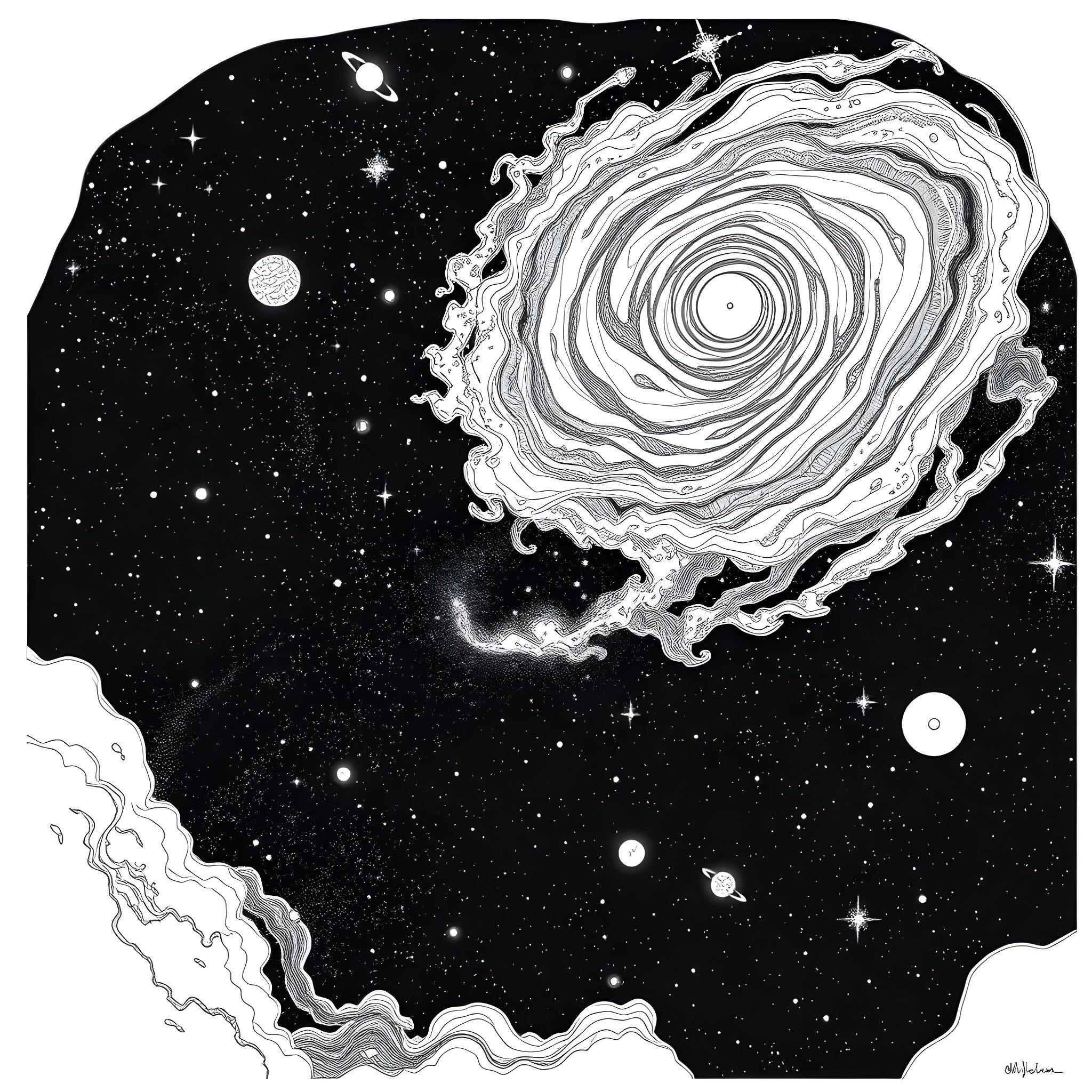 Space swirling galaxy with stars Coloring Page (free black-and-white line drawing printable PDF for all, from beginners to advanced learners, including children, teens, adults, and seniors)