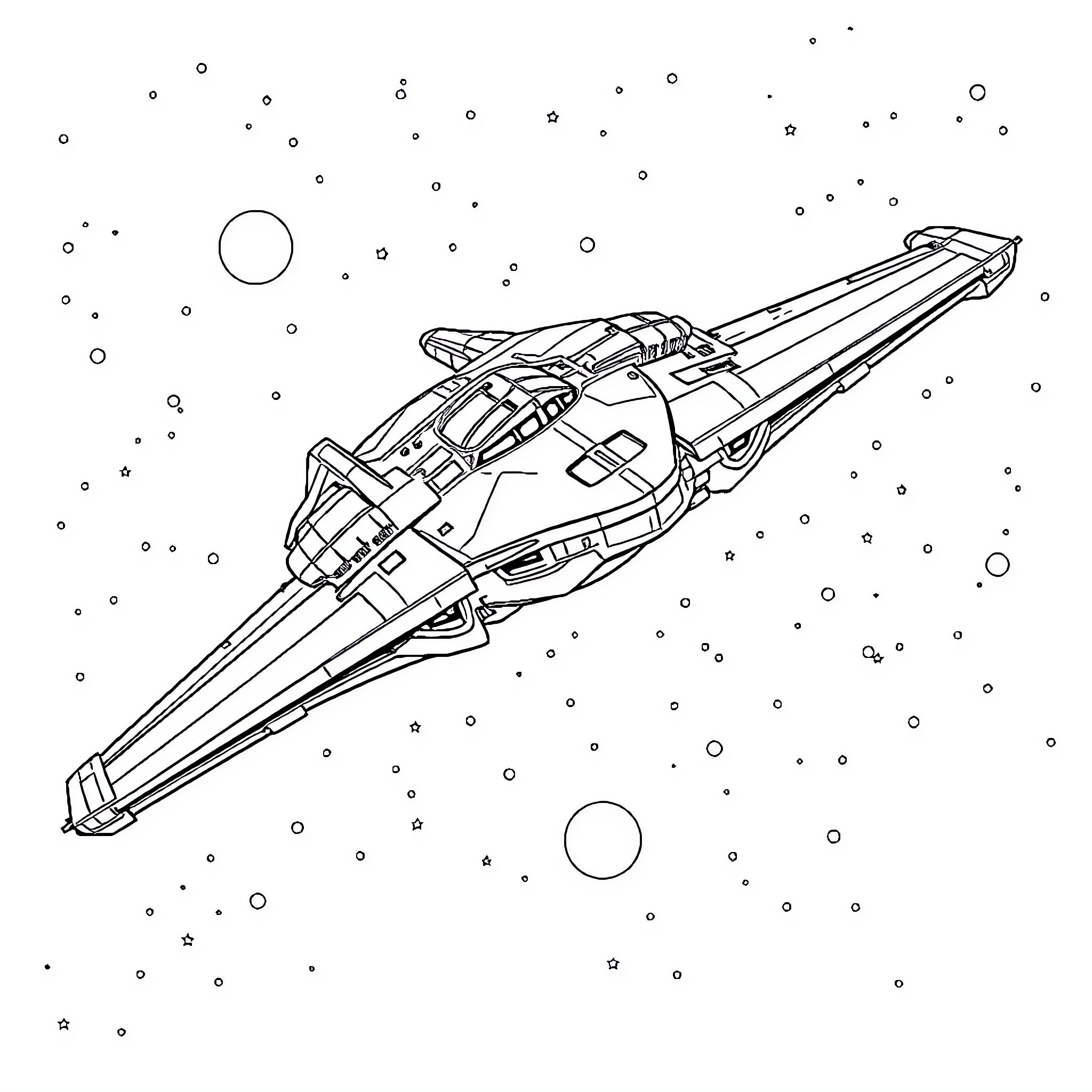 Mandalorian Spaceship Soaring Through Cosmic Starscape Coloring Page (free black-and-white line drawing printable PDF for all, from beginners to advanced learners, including children, teens, adults, and seniors)