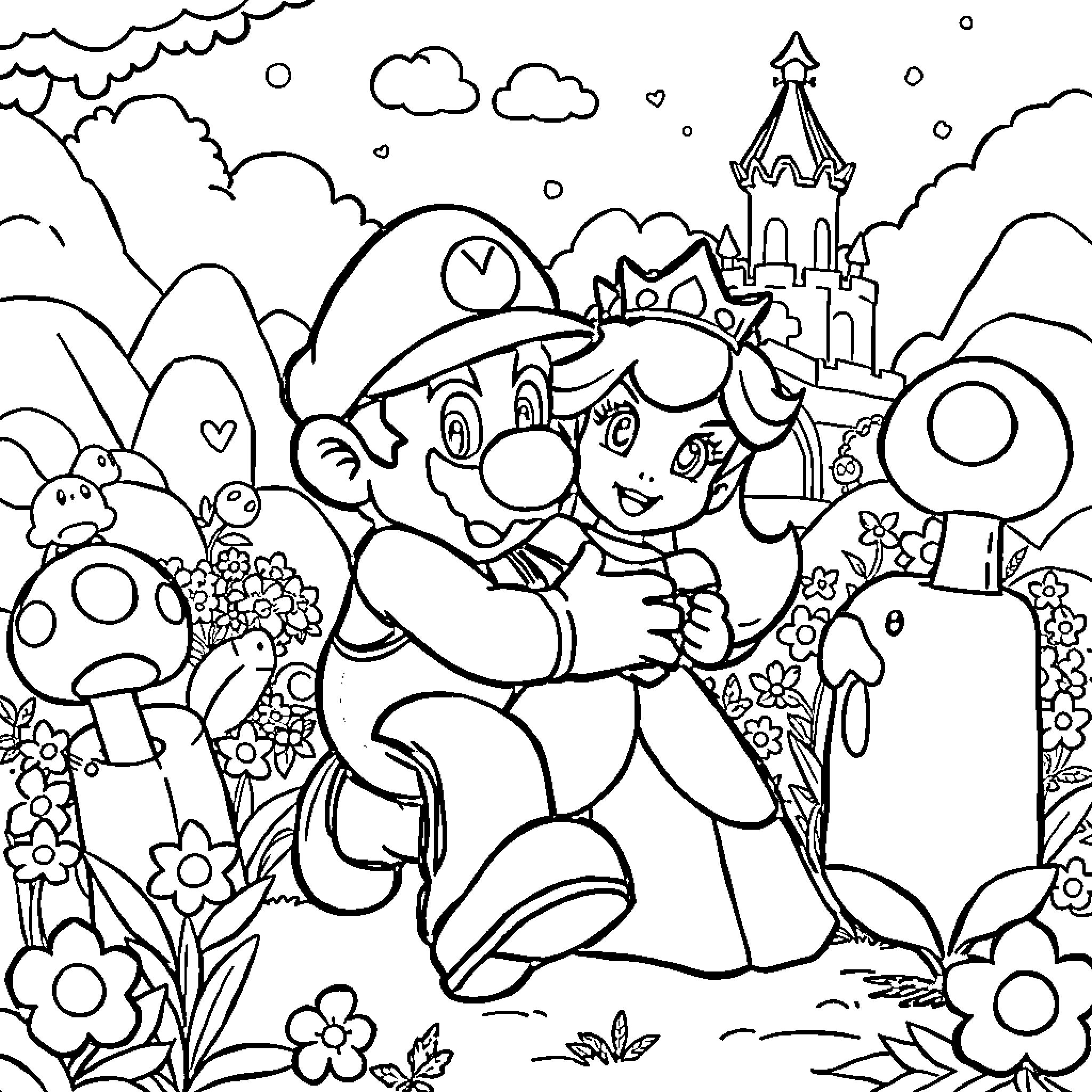 Mario's Whimsical Adventure in the Magical Kingdom Coloring Page (free black-and-white line drawing printable PDF for all, from beginners to advanced learners, including children, teens, adults, and seniors)