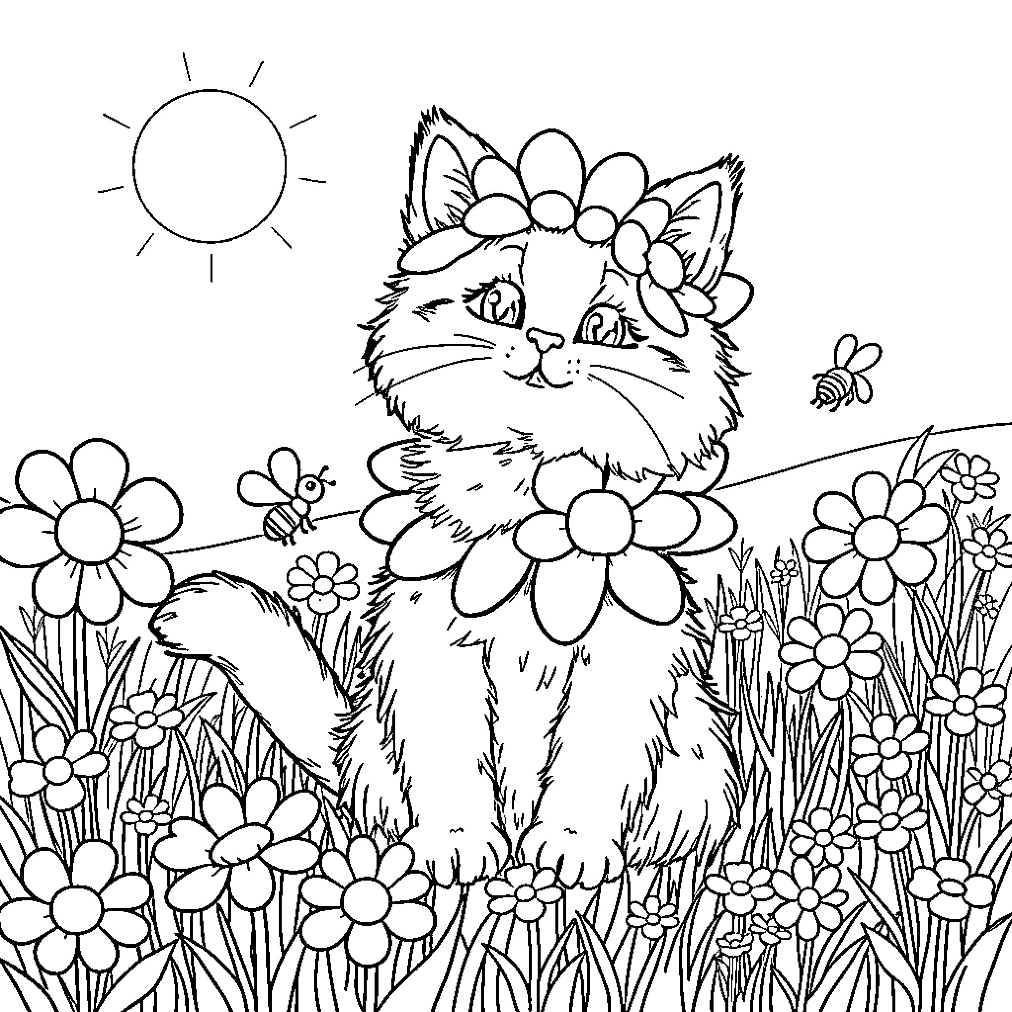 Cat surrounded by blooming flowers and buzzing bees Coloring Page (free black-and-white line drawing printable PDF for all, from beginners to advanced learners, including children, teens, adults, and seniors)