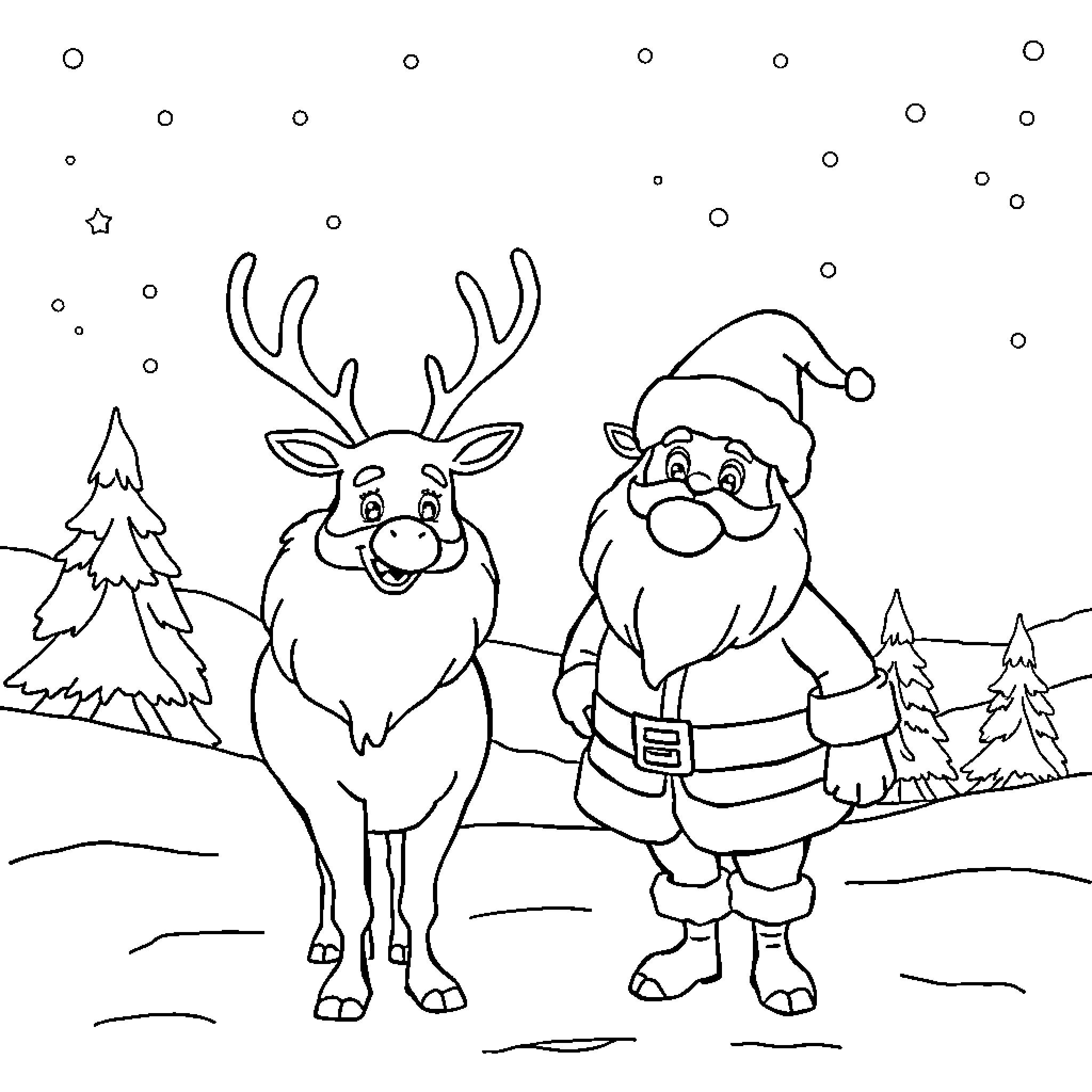 Santa and Reindeer in Snowy Landscape Coloring Page (free black-and-white line drawing printable PDF for all, from beginners to advanced learners, including children, teens, adults, and seniors)