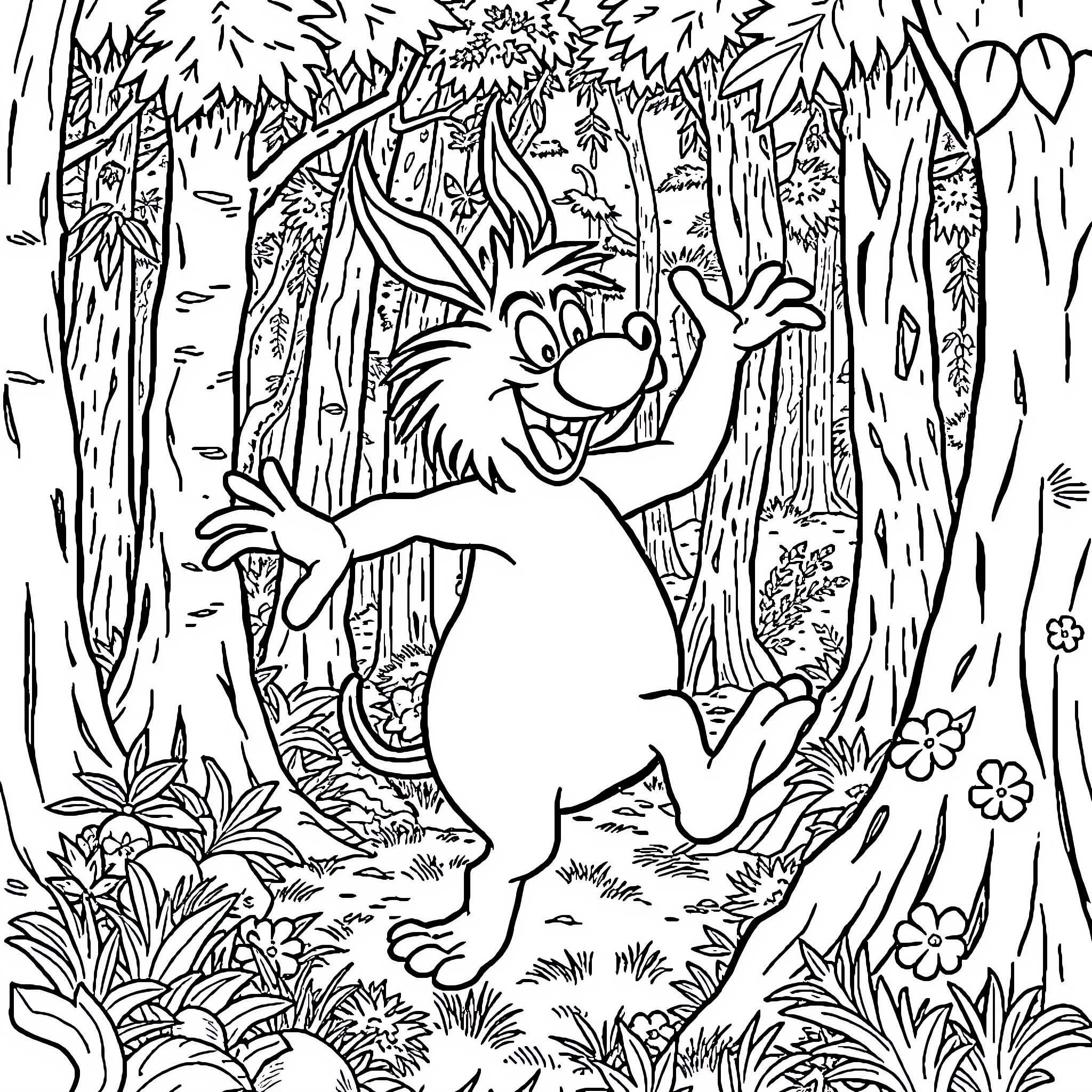 Saterix Creature Frolicking in Enchanted Forest Coloring Page (free black-and-white line drawing printable PDF for all, from beginners to advanced learners, including children, teens, adults, and seniors)
