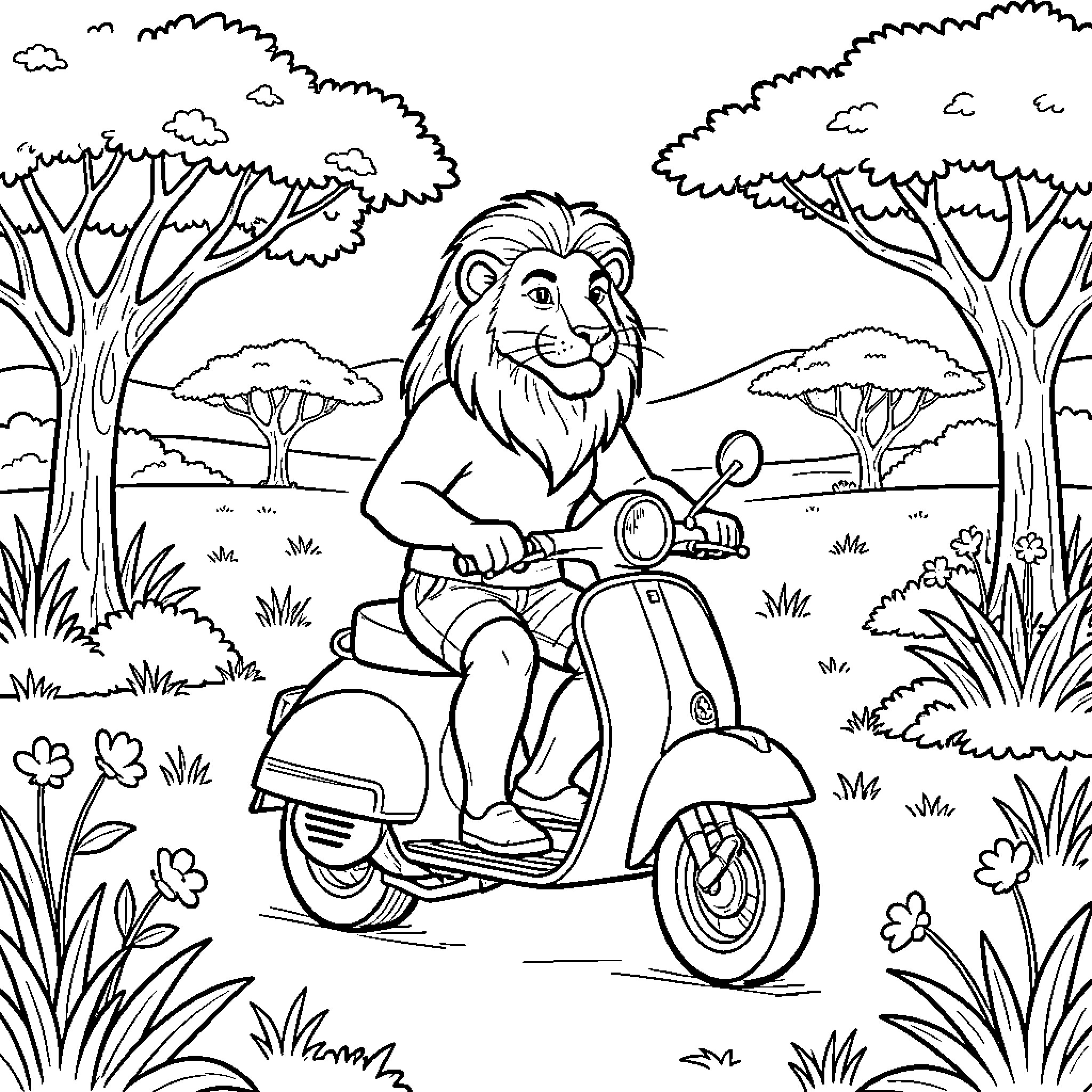 Lion riding a scooter through a savanna landscape Coloring Page (free black-and-white line drawing printable PDF for all, from beginners to advanced learners, including children, teens, adults, and seniors)