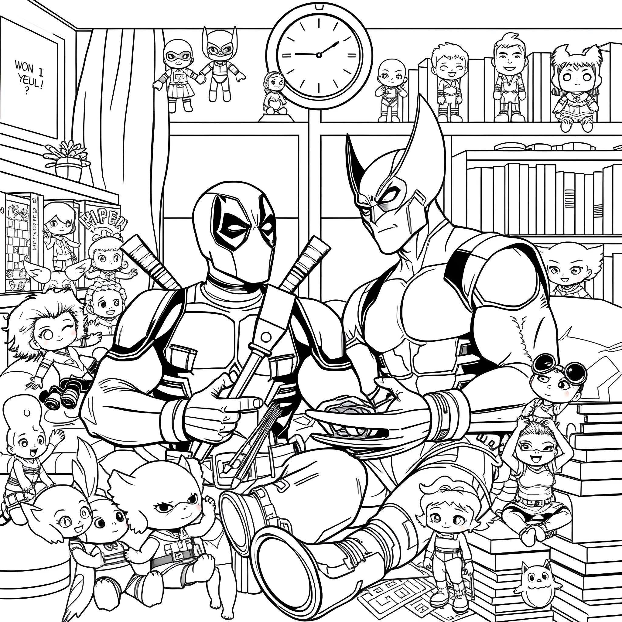 Deadpool in a Chaotic Superhero Toy Room Coloring Page (free black-and-white line drawing printable PDF for all, from beginners to advanced learners, including children, teens, adults, and seniors)