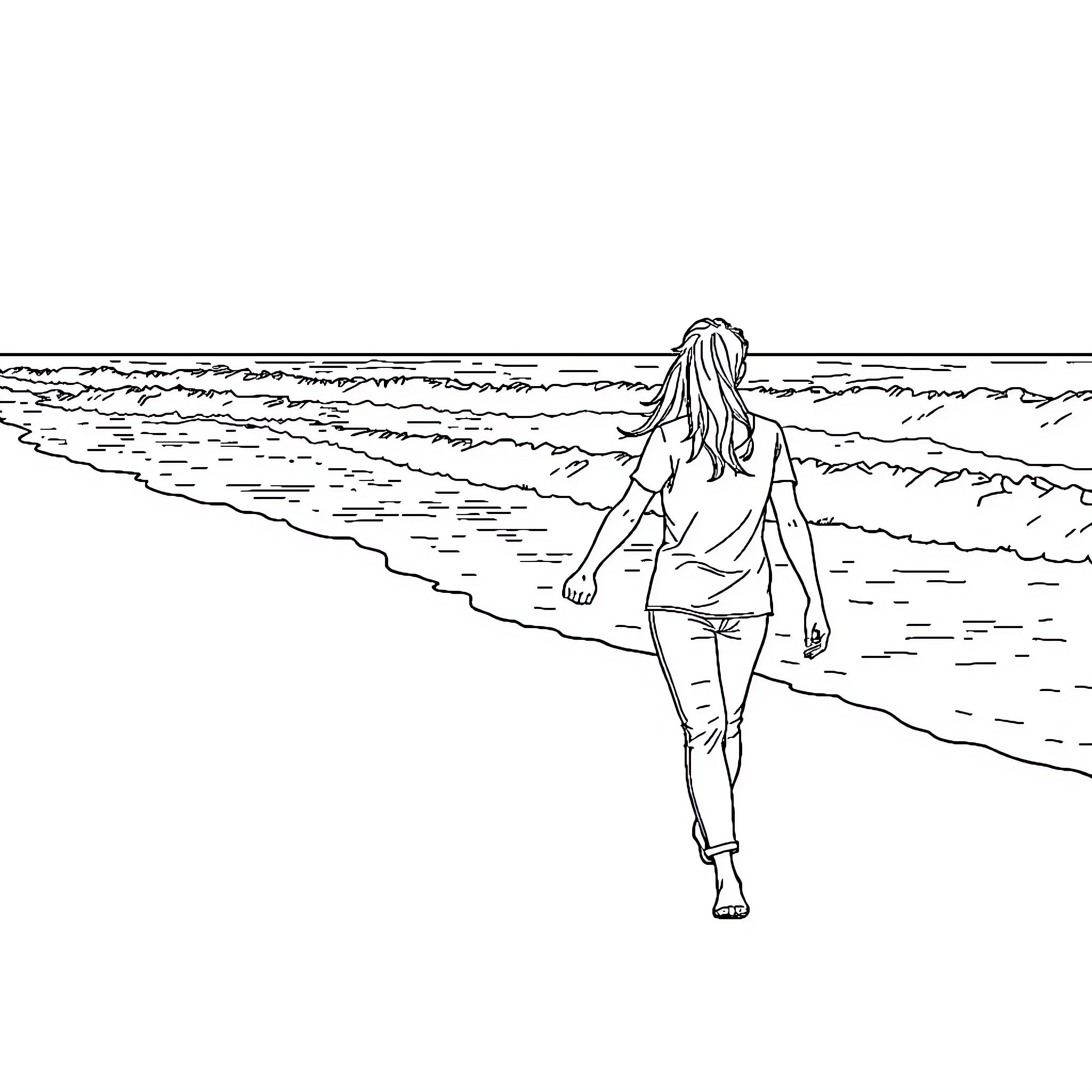 Couple enjoying a peaceful walk on the beach Coloring Page (free black-and-white line drawing printable PDF for all, from beginners to advanced learners, including children, teens, adults, and seniors)