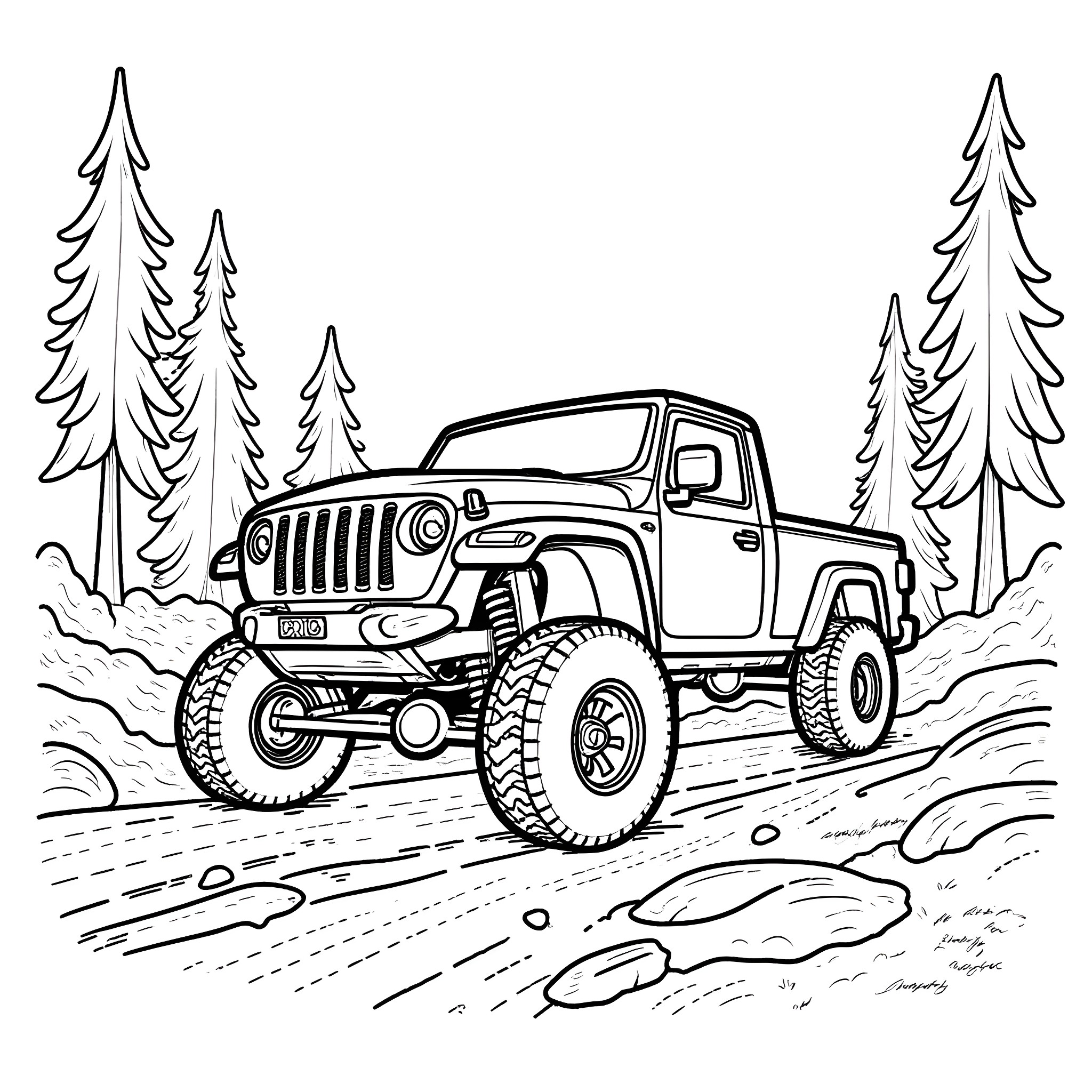 Wrecker off-road vehicle in forest Coloring Page (free black-and-white line drawing printable PDF for all, from beginners to advanced learners, including children, teens, adults, and seniors)