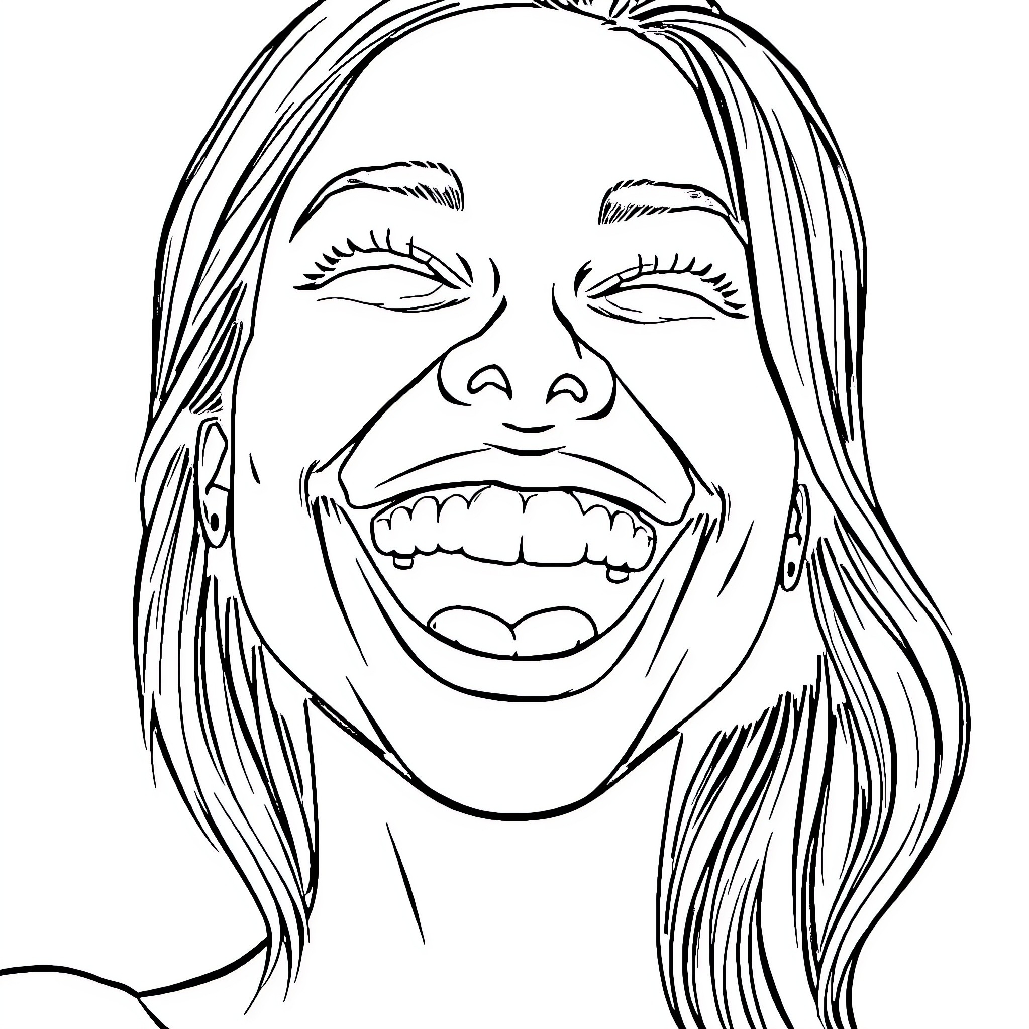 Woman expressing joyful laughter Coloring Page (free black-and-white line drawing printable PDF for all, from beginners to advanced learners, including children, teens, adults, and seniors)