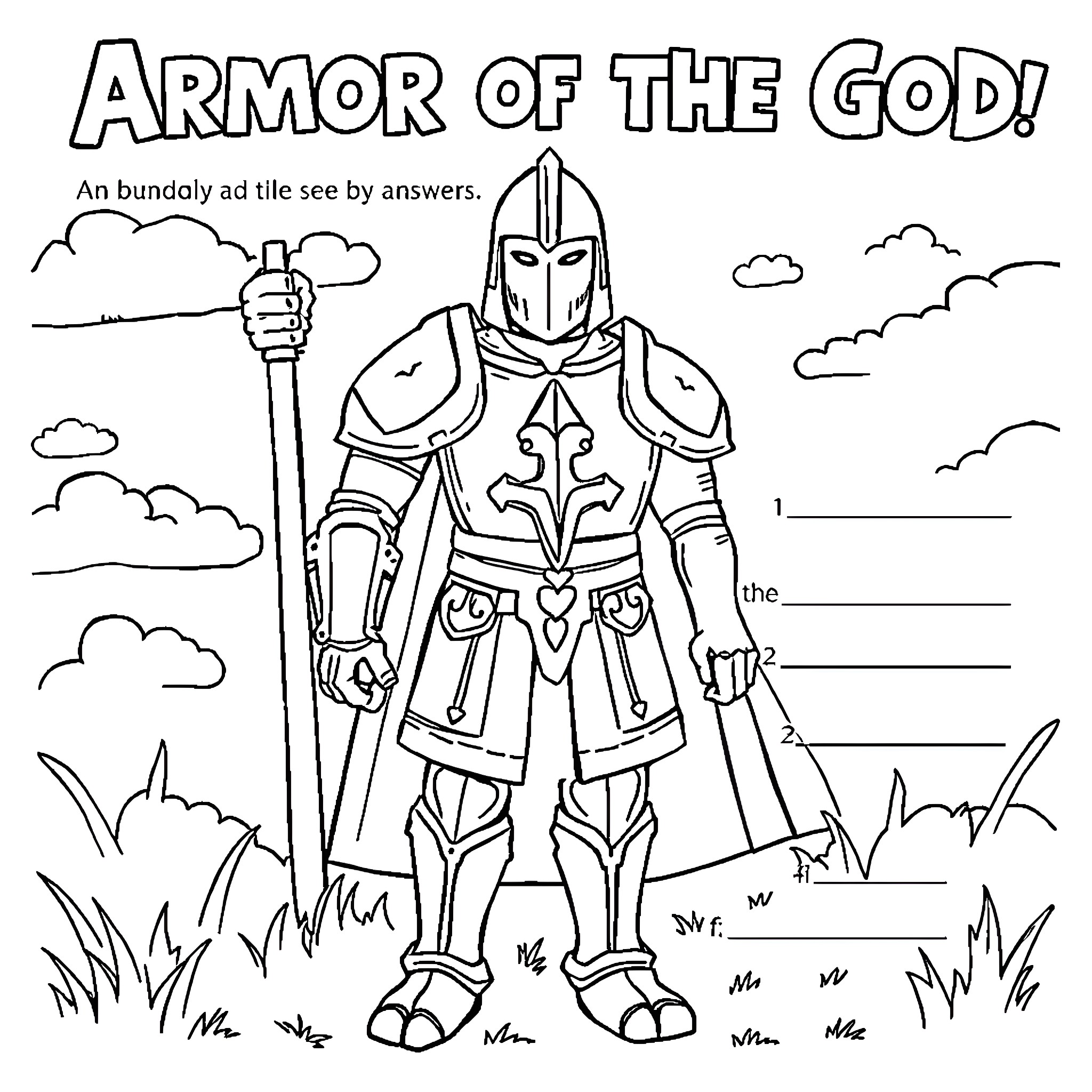 Armor of the God! An armored warrior stands tall Coloring Page (free black-and-white line drawing printable PDF for all, from beginners to advanced learners, including children, teens, adults, and seniors)
