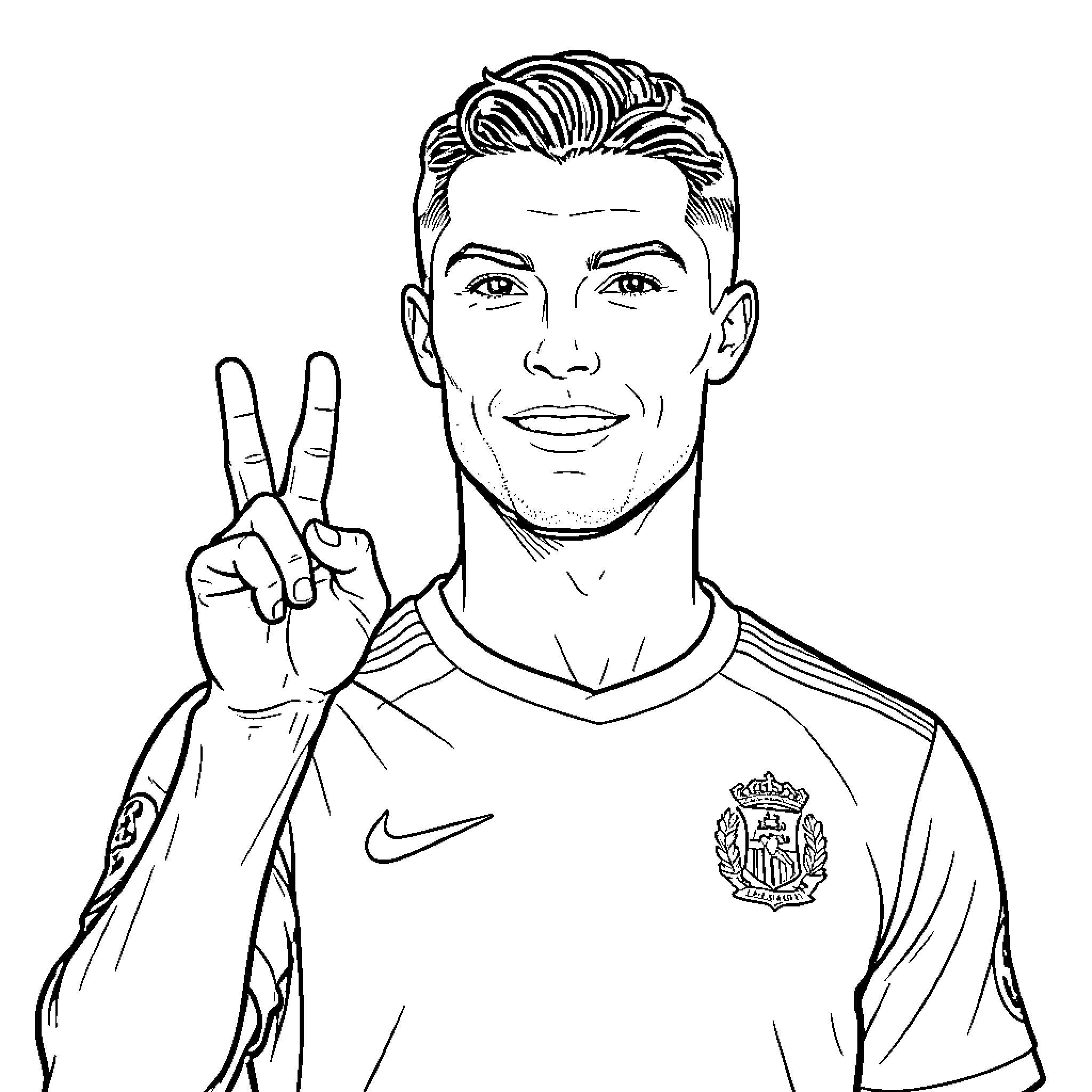 Cristiano Ronaldo smiling and making a peace sign Coloring Page (free black-and-white line drawing printable PDF for all, from beginners to advanced learners, including children, teens, adults, and seniors)