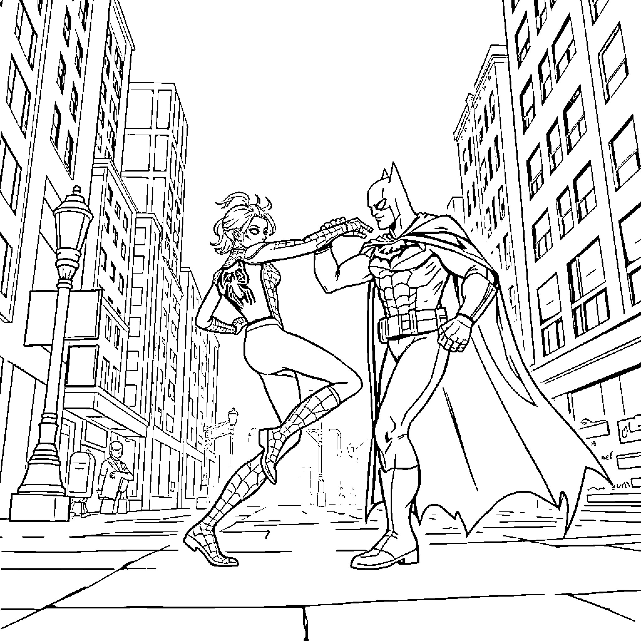 Spider-Man and Batman Saving the City Coloring Page (free black-and-white line drawing printable PDF for all, from beginners to advanced learners, including children, teens, adults, and seniors)