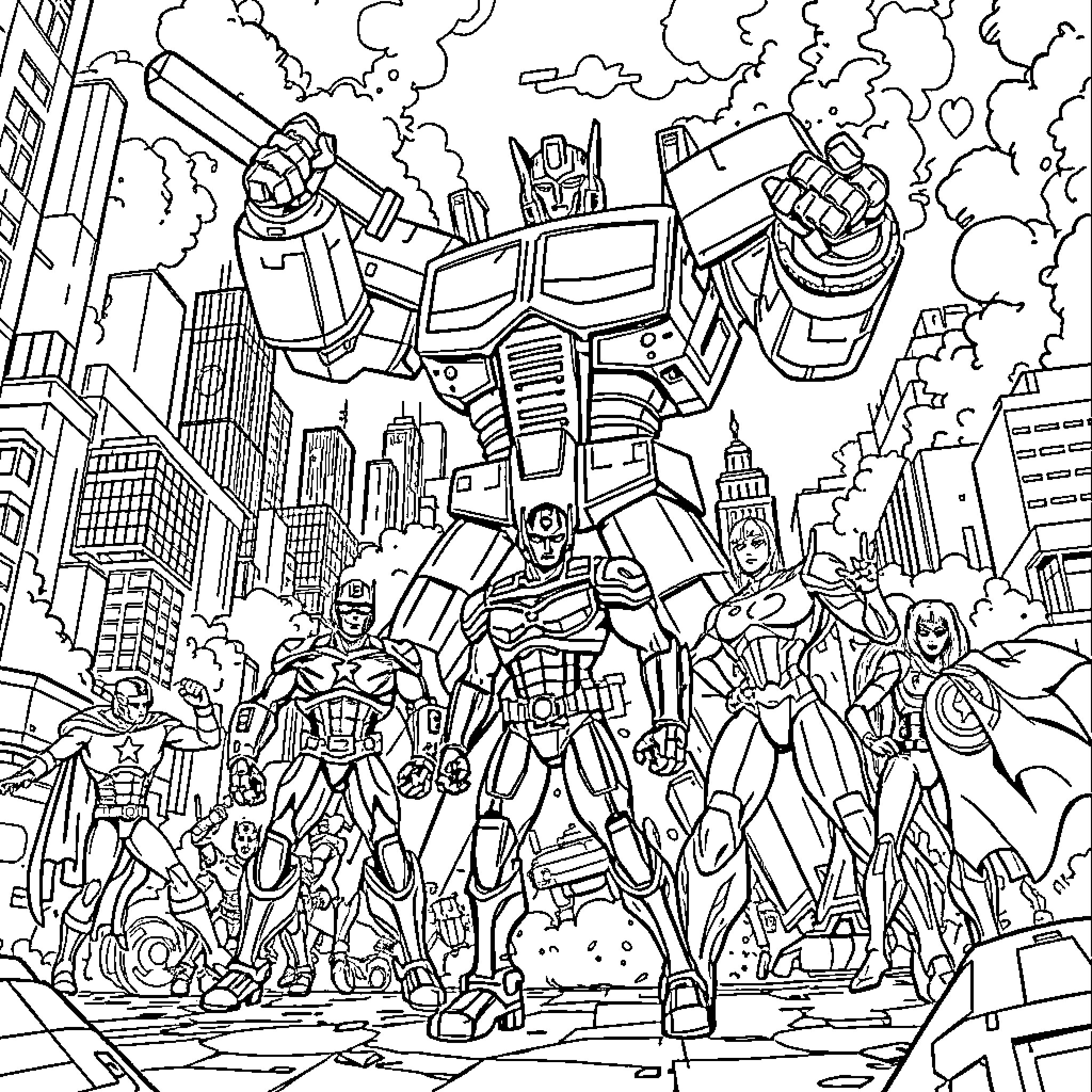Avengers Assemble to Defend the City Coloring Page (free black-and-white line drawing printable PDF for all, from beginners to advanced learners, including children, teens, adults, and seniors)