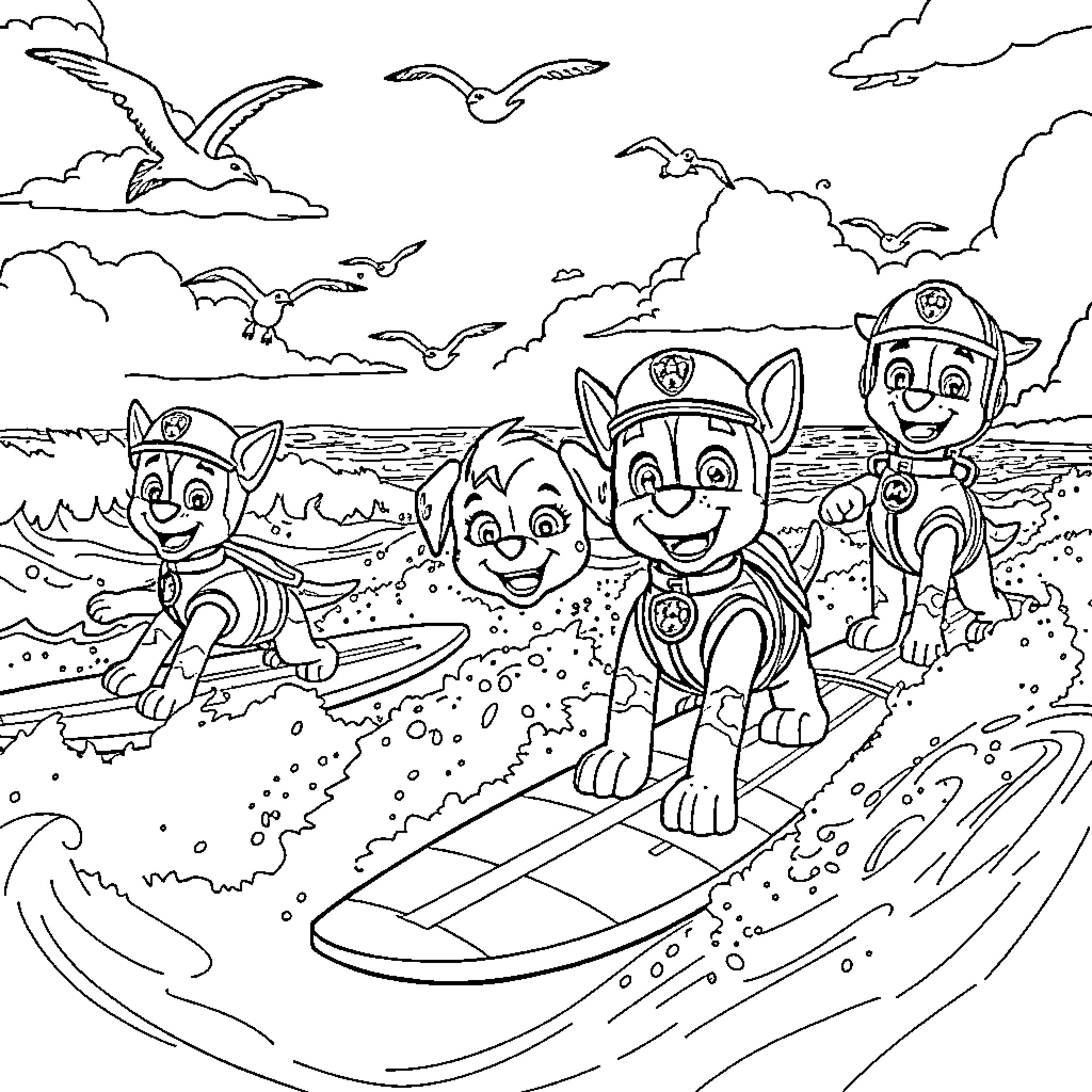 Paw Patrol Pups Enjoying Beach Adventure Coloring Page (free black-and-white line drawing printable PDF for all, from beginners to advanced learners, including children, teens, adults, and seniors)