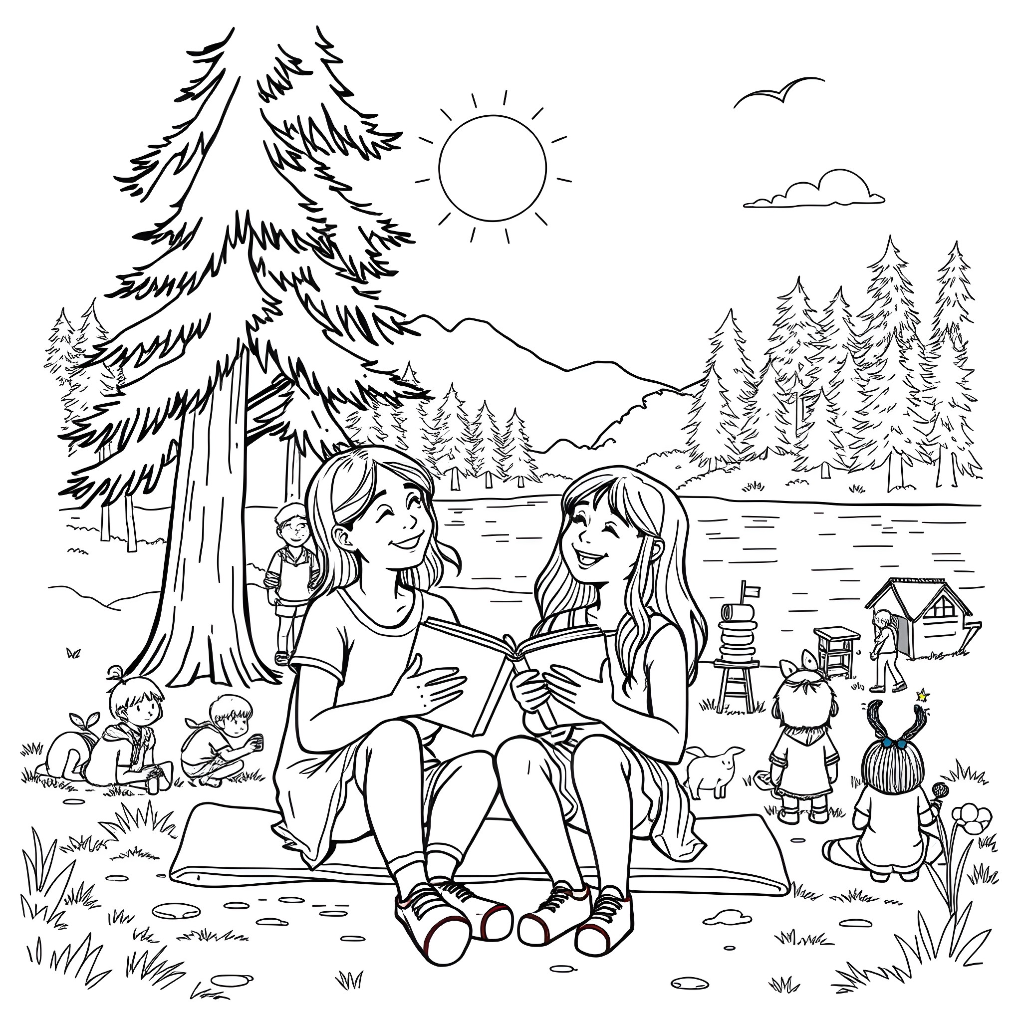 Sisters enjoying outdoor adventure in nature Coloring Page (free black-and-white line drawing printable PDF for all, from beginners to advanced learners, including children, teens, adults, and seniors)