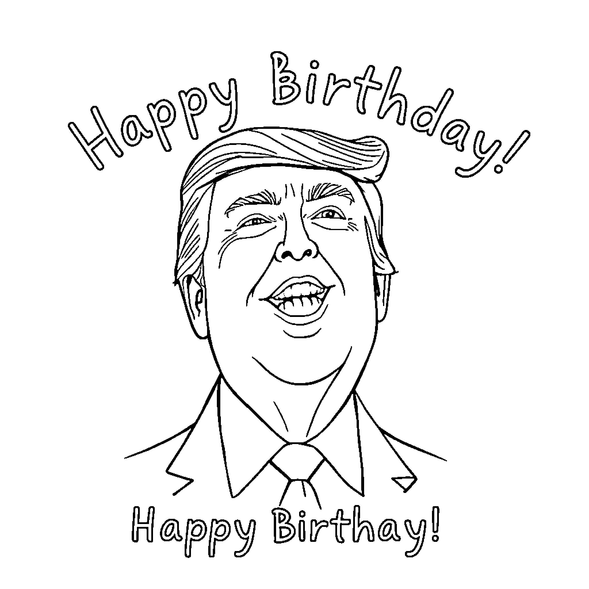 Donald Trump's enthusiastic birthday celebration Coloring Page (free black-and-white line drawing printable PDF for all, from beginners to advanced learners, including children, teens, adults, and seniors)