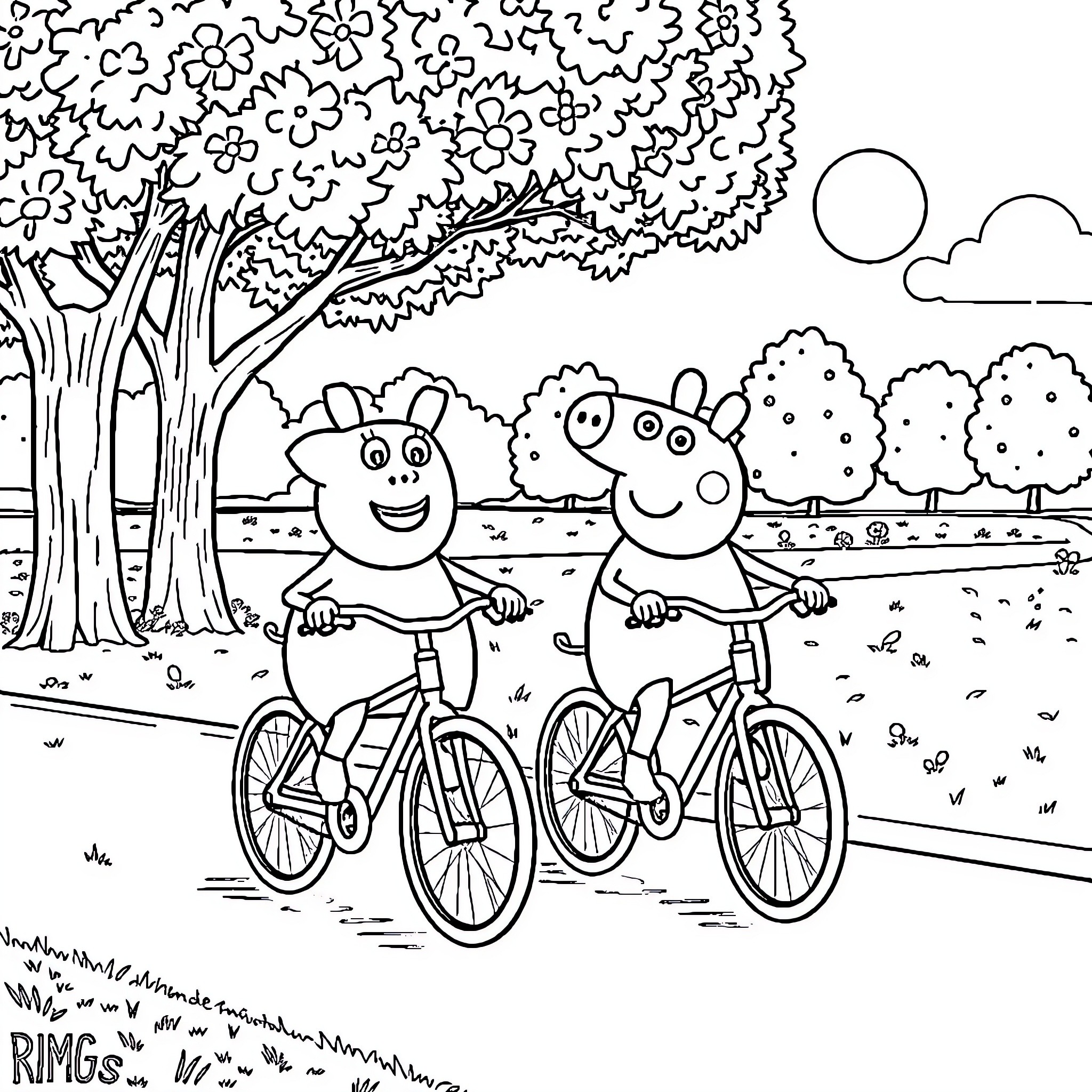 Bluey and friends bicycling through nature Coloring Page (free black-and-white line drawing printable PDF for all, from beginners to advanced learners, including children, teens, adults, and seniors)