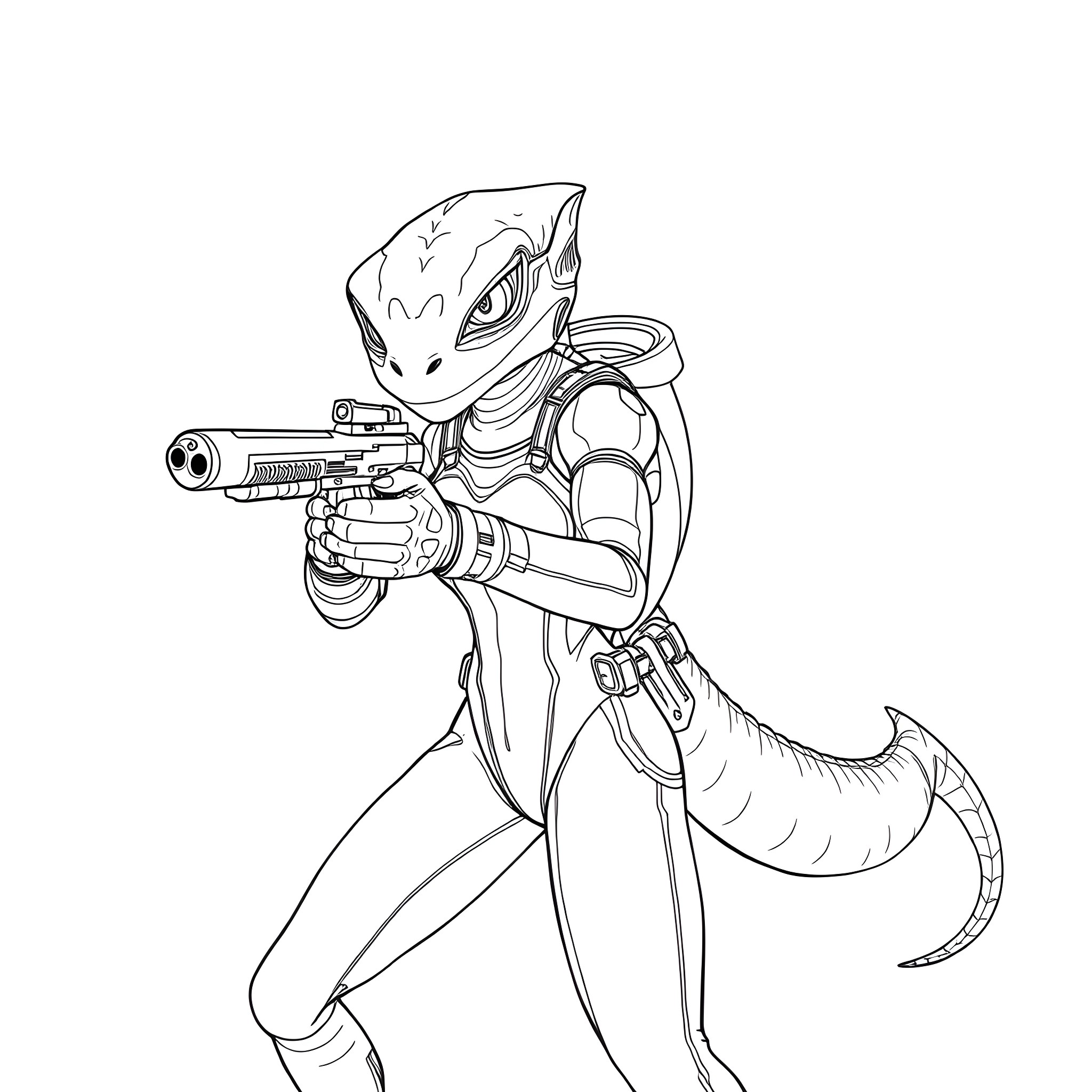 Alien warrior aiming futuristic weapon Coloring Page (free black-and-white line drawing printable PDF for all, from beginners to advanced learners, including children, teens, adults, and seniors)