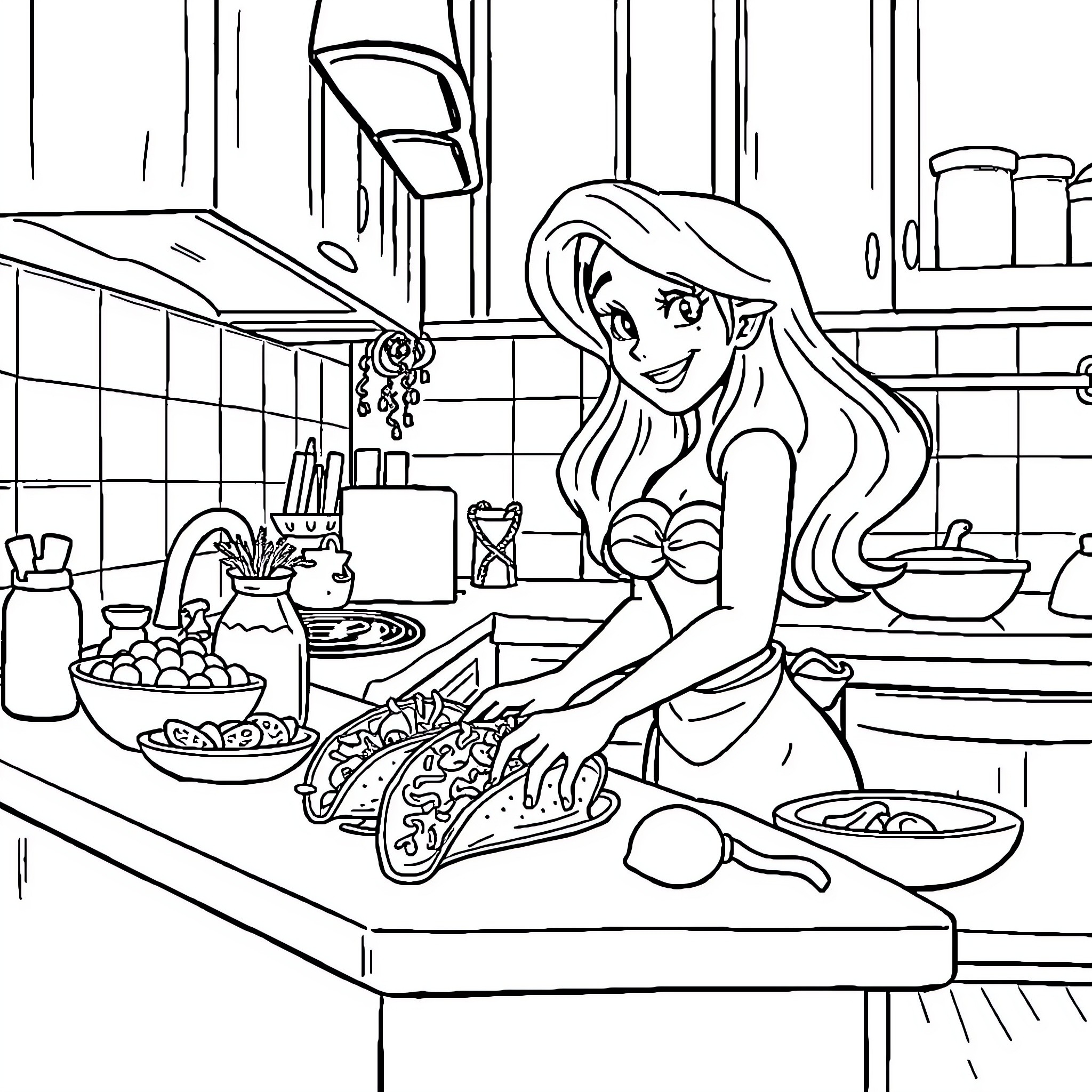 Ariel preparing a delightful meal in the kitchen Coloring Page (free black-and-white line drawing printable PDF for all, from beginners to advanced learners, including children, teens, adults, and seniors)