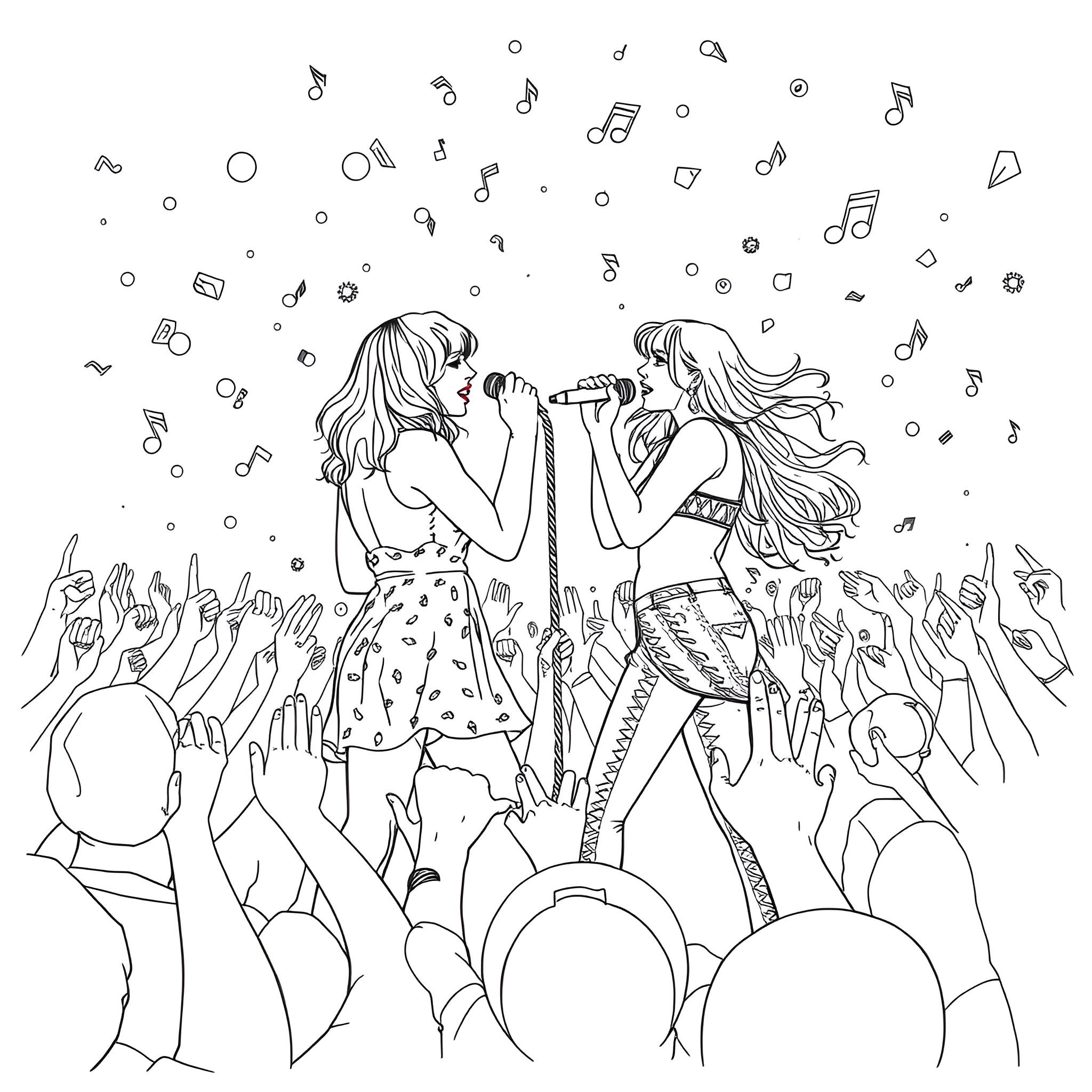 Singer performing on stage with crowd Coloring Page (free black-and-white line drawing printable PDF for all, from beginners to advanced learners, including children, teens, adults, and seniors)