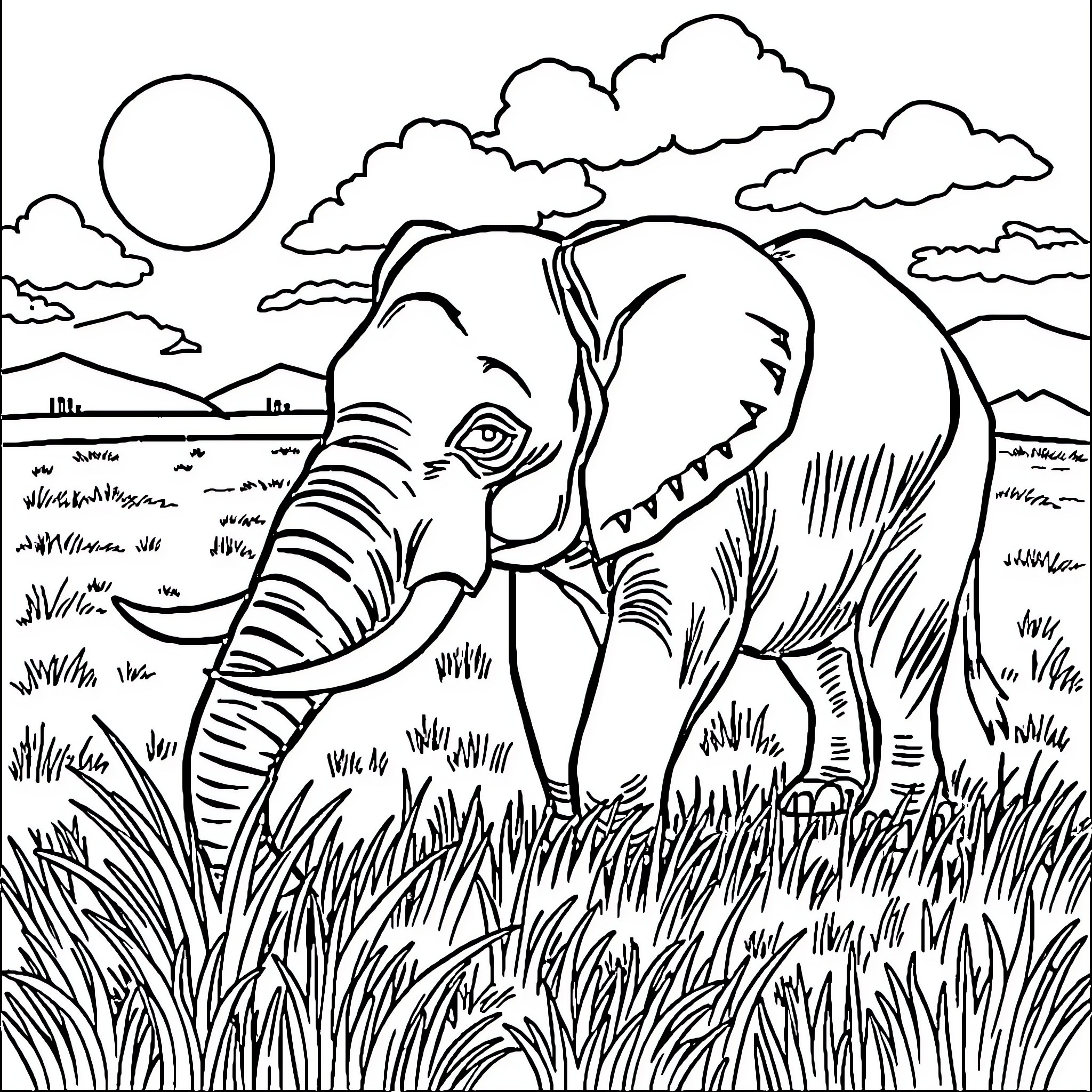 Elephant exploring the scenic landscape Coloring Page (free black-and-white line drawing printable PDF for all, from beginners to advanced learners, including children, teens, adults, and seniors)
