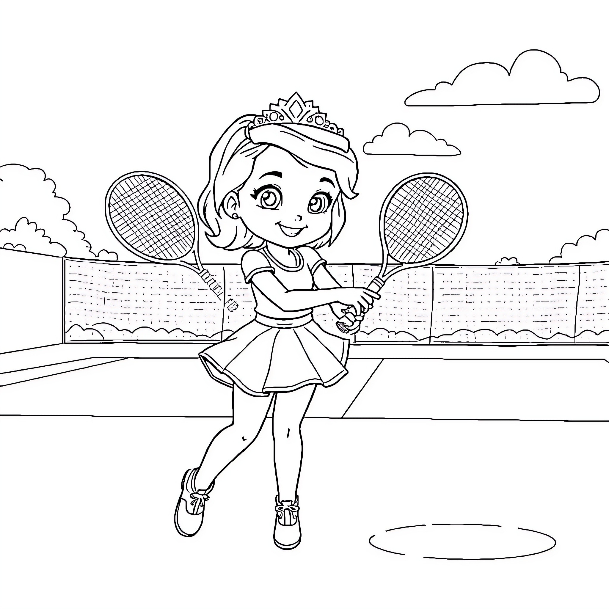 Princess Sofia Playing Tennis on the Court Coloring Page (free black-and-white line drawing printable PDF for all, from beginners to advanced learners, including children, teens, adults, and seniors)