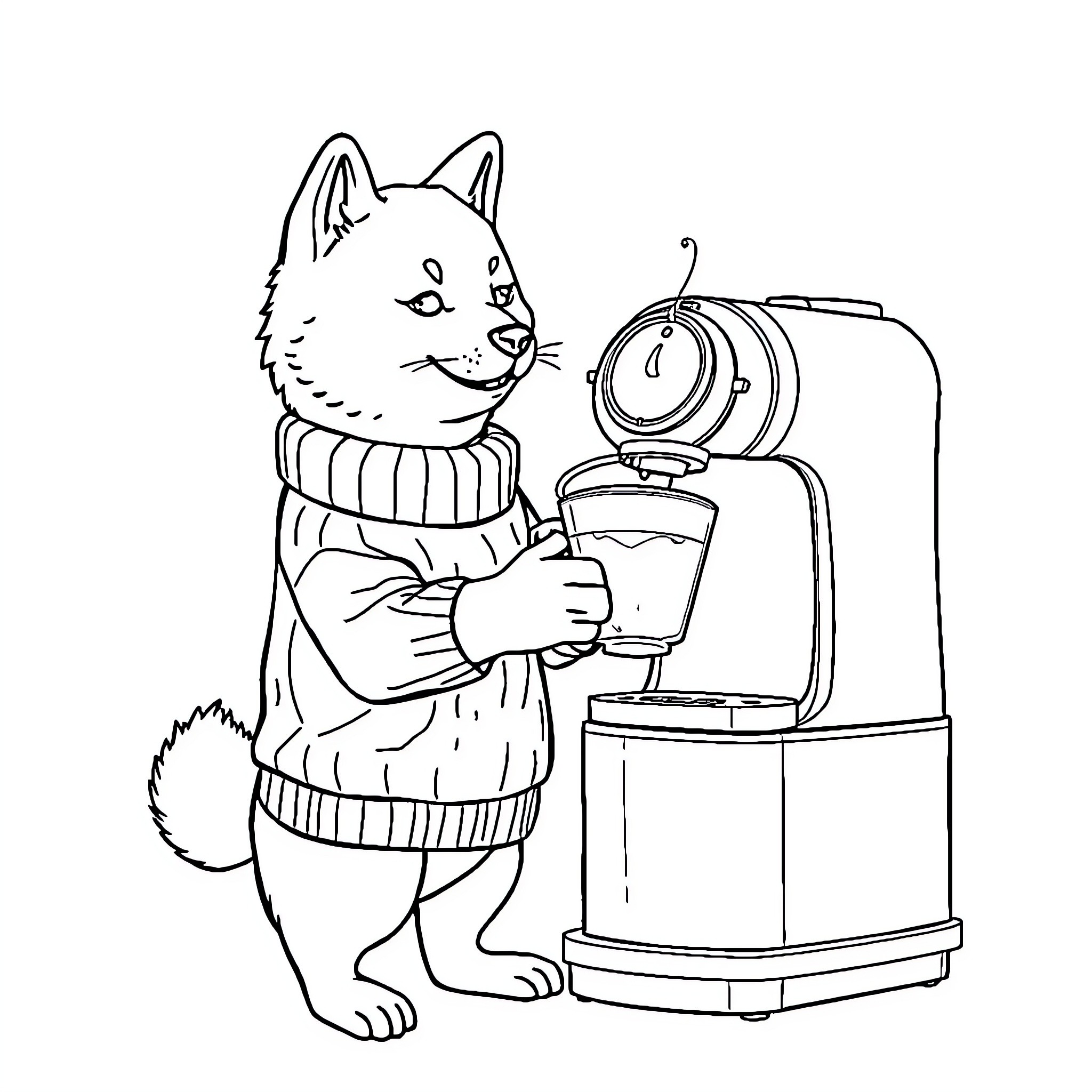 Shiba Inu barista preparing coffee at the counter Coloring Page (free black-and-white line drawing printable PDF for all, from beginners to advanced learners, including children, teens, adults, and seniors)