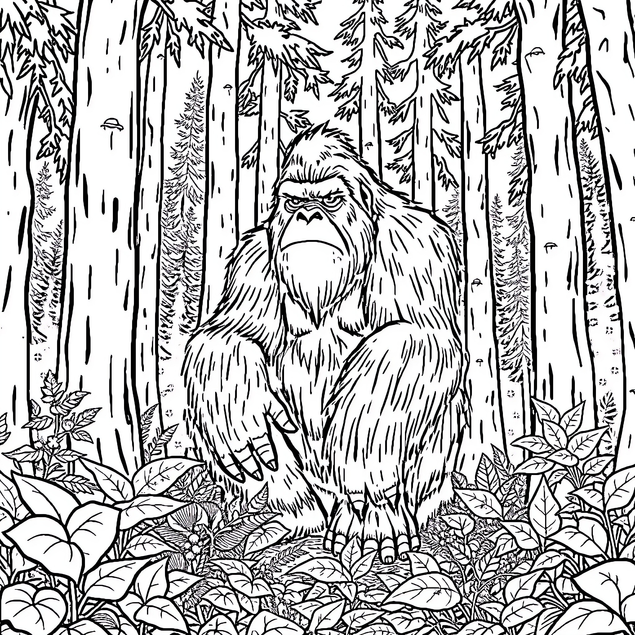 Bigfoot exploring the mysterious forest Coloring Page (free black-and-white line drawing printable PDF for all, from beginners to advanced learners, including children, teens, adults, and seniors)
