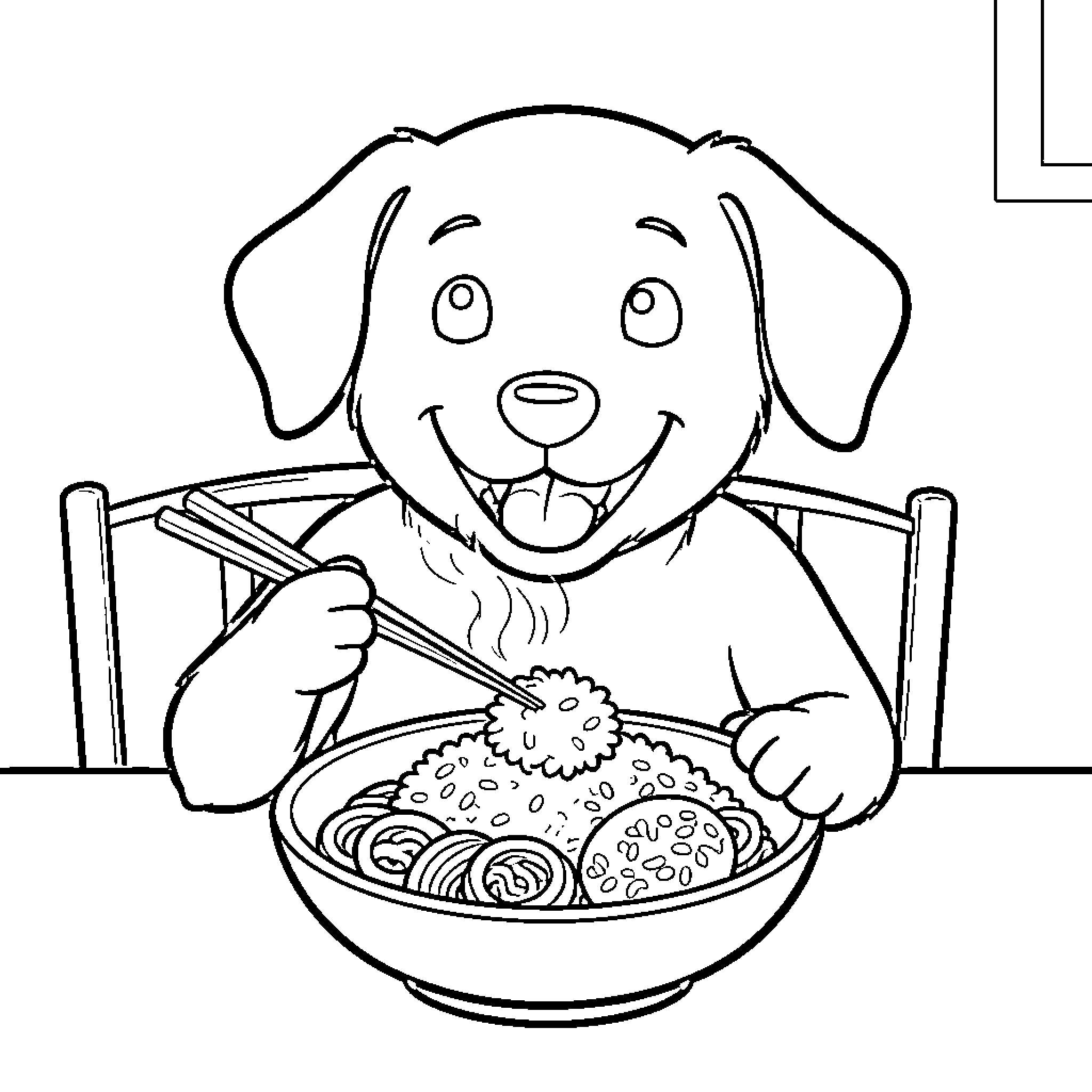 Perro happily eating a tasty meal Coloring Page (free black-and-white line drawing printable PDF for all, from beginners to advanced learners, including children, teens, adults, and seniors)