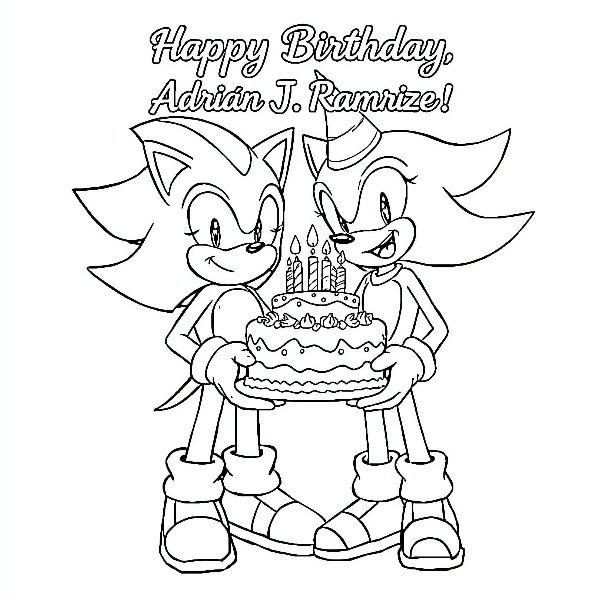 Sonic characters celebrate Adrian J. Ramirez's birthday Coloring Page (free black-and-white line drawing printable PDF for all, from beginners to advanced learners, including children, teens, adults, and seniors)
