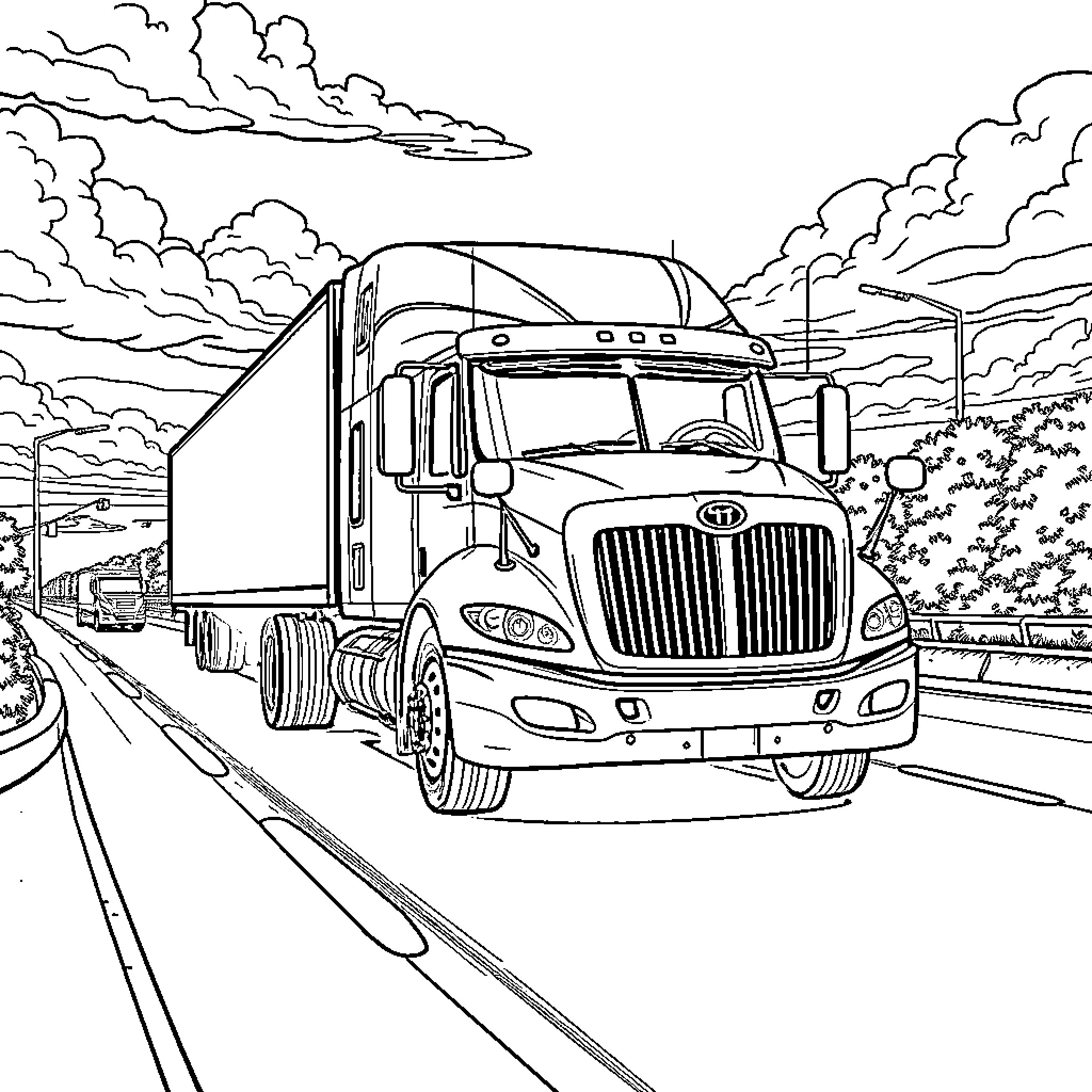 Truck transporting goods on a scenic highway Coloring Page (free black-and-white line drawing printable PDF for all, from beginners to advanced learners, including children, teens, adults, and seniors)