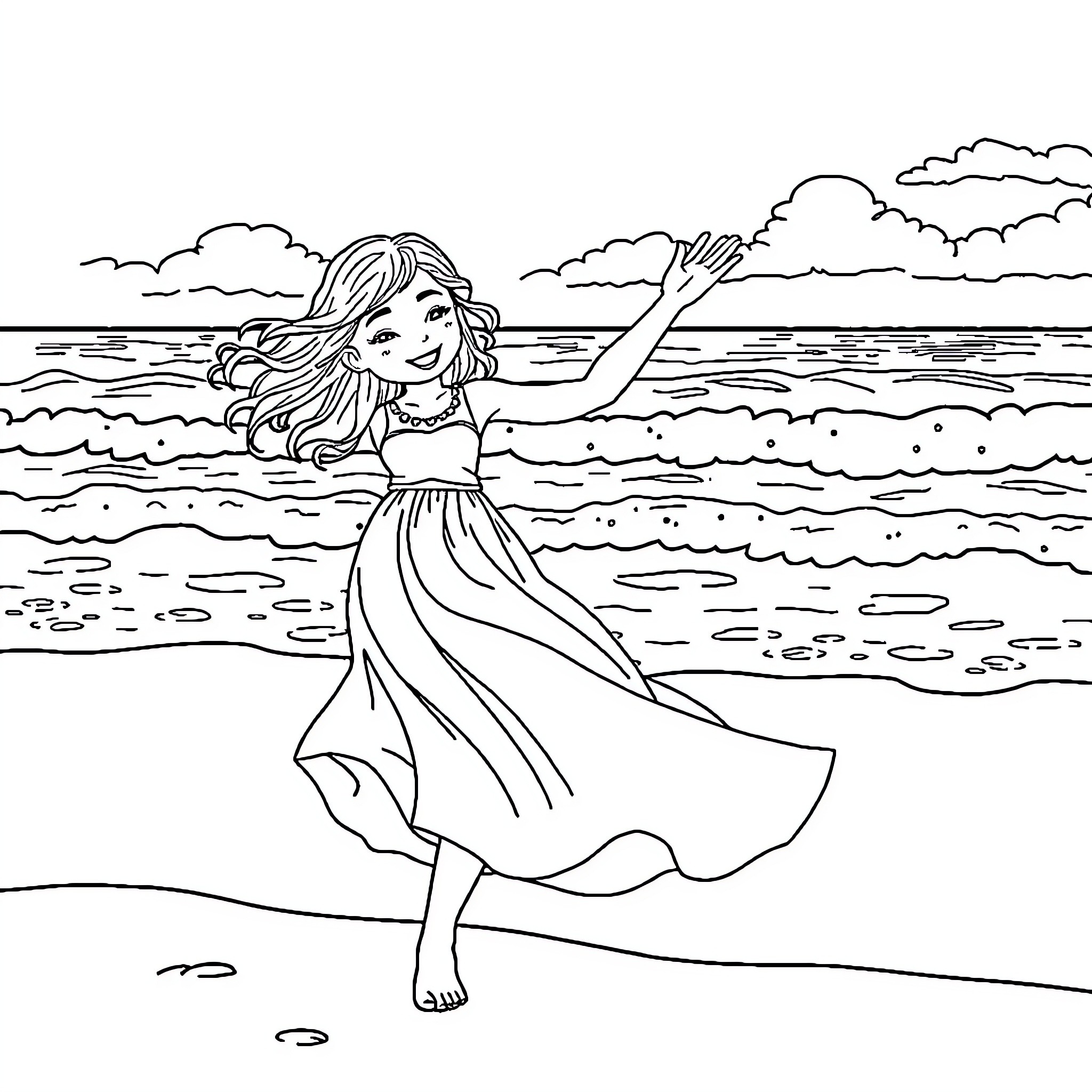 Girl dancing joyfully on the beach Coloring Page (free black-and-white line drawing printable PDF for all, from beginners to advanced learners, including children, teens, adults, and seniors)