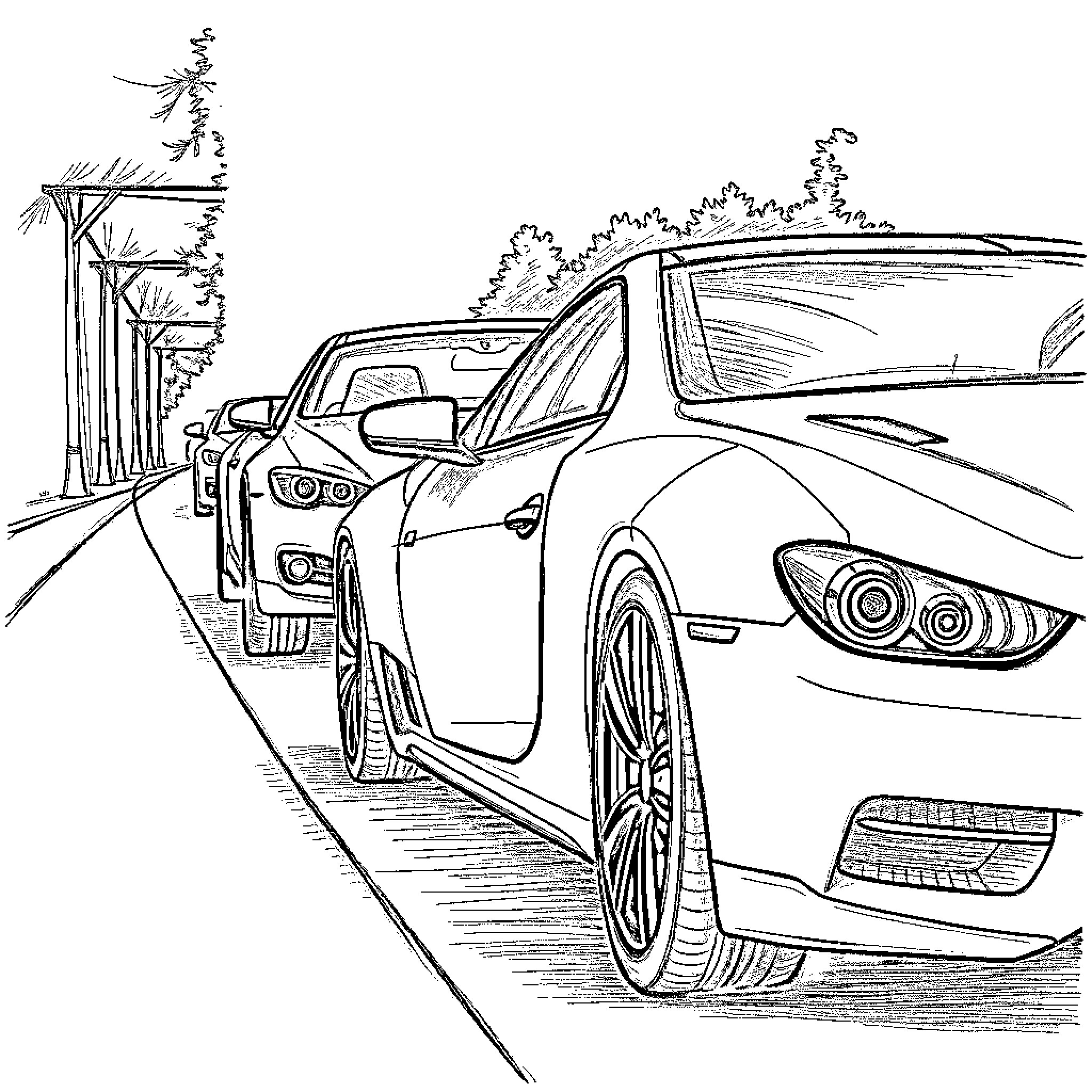 Car parked on the street with surrounding landscape Coloring Page (free black-and-white line drawing printable PDF for all, from beginners to advanced learners, including children, teens, adults, and seniors)