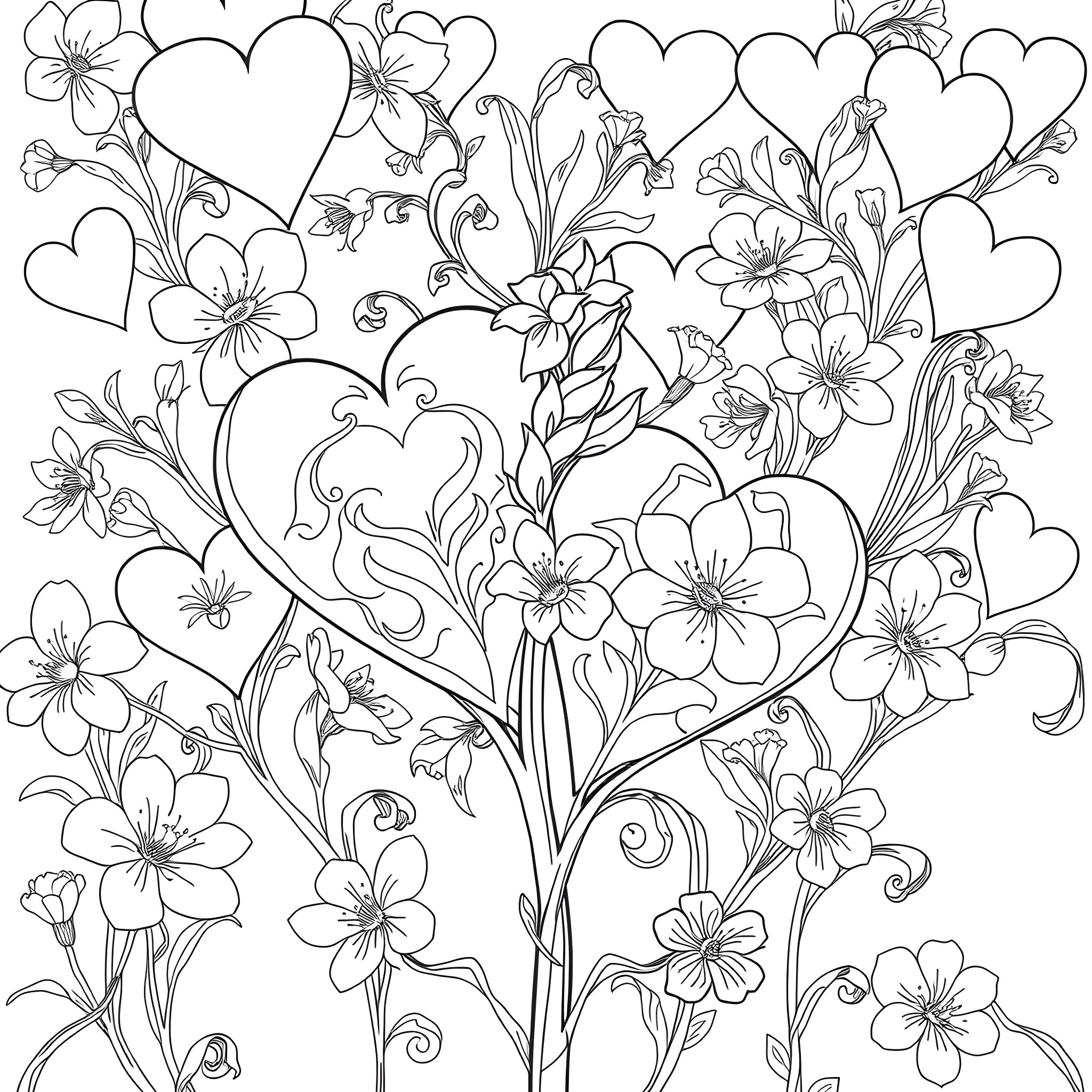 Heart Shaped Floral Pattern Coloring Page (free black-and-white line drawing printable PDF for all, from beginners to advanced learners, including children, teens, adults, and seniors)