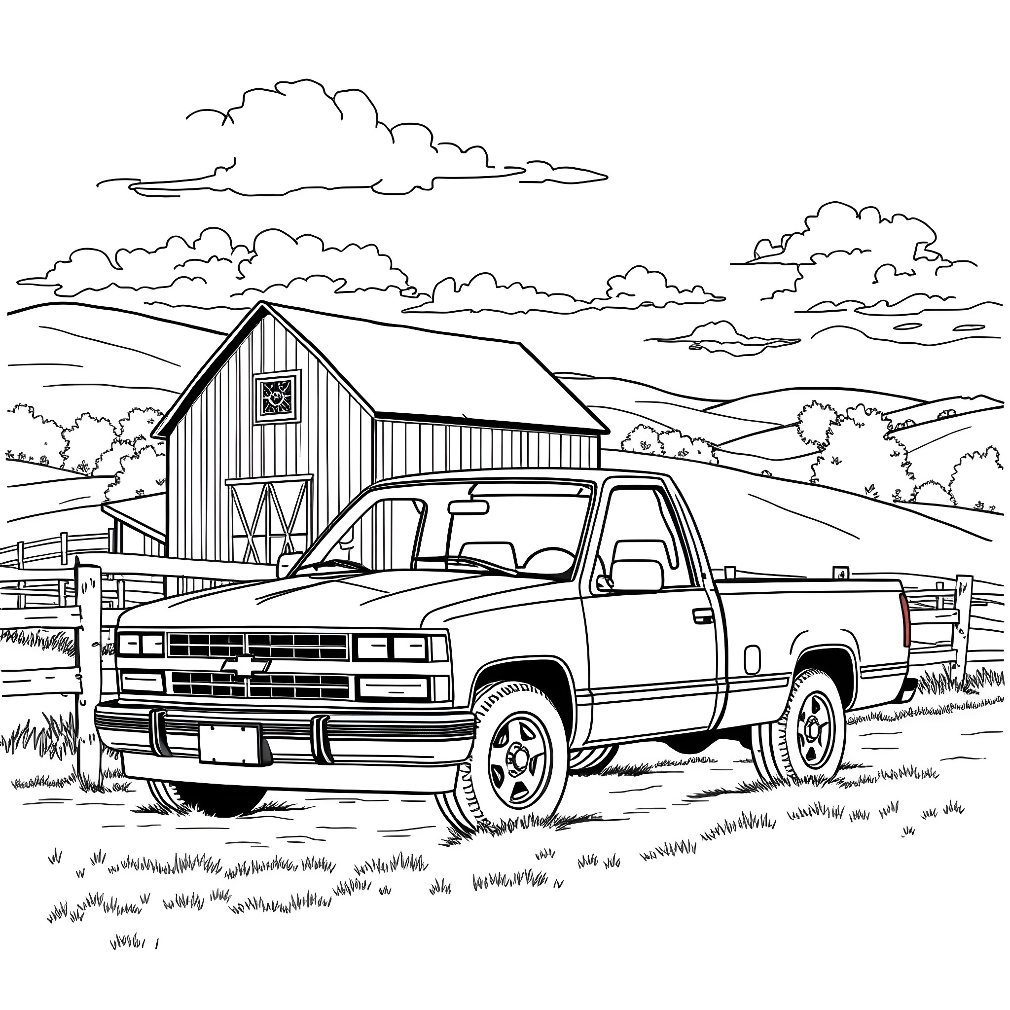 Chevy truck parked in front of a rustic barn Coloring Page (free black-and-white line drawing printable PDF for all, from beginners to advanced learners, including children, teens, adults, and seniors)