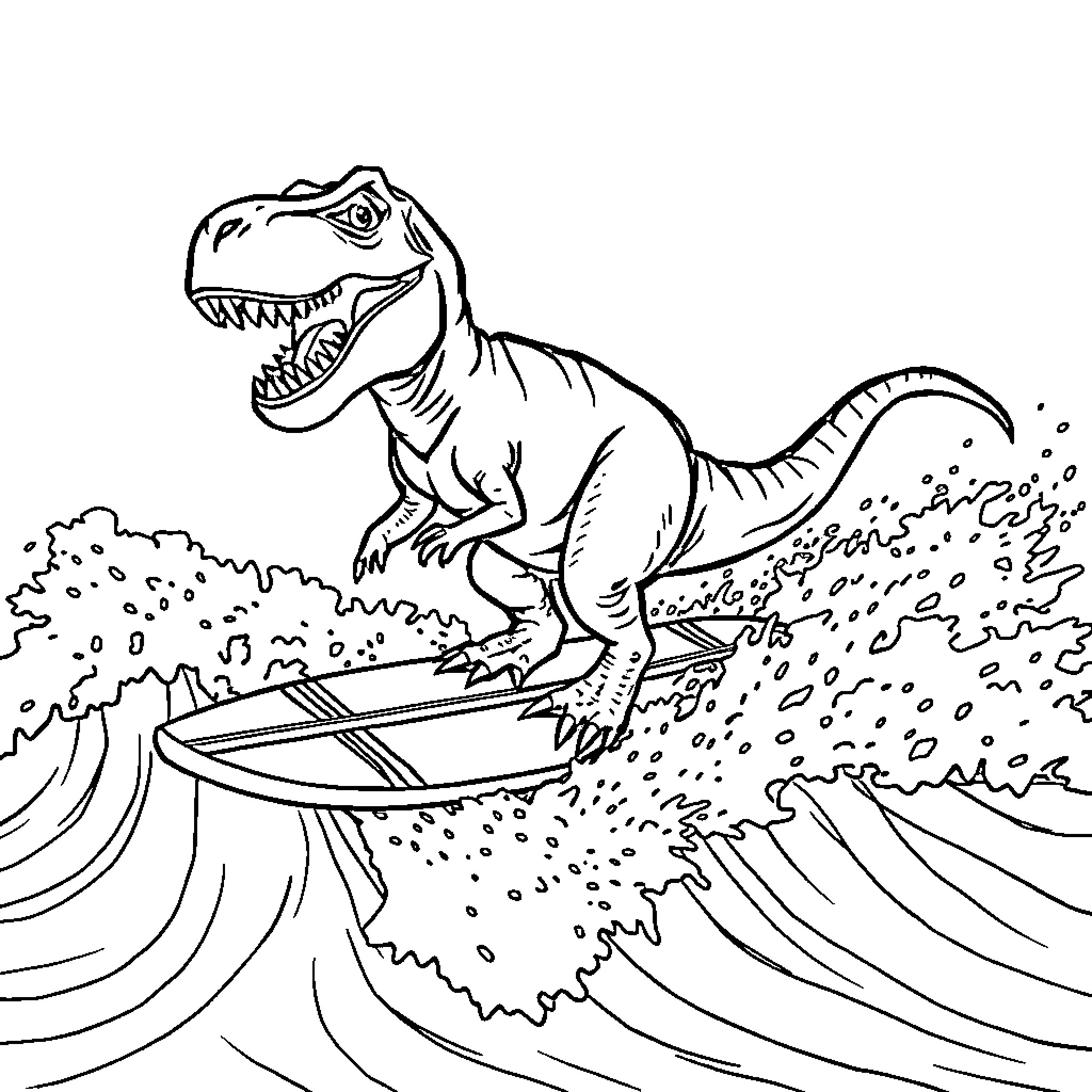 Tyrannosaurus Rex surfing the waves Coloring Page (free black-and-white line drawing printable PDF for all, from beginners to advanced learners, including children, teens, adults, and seniors)
