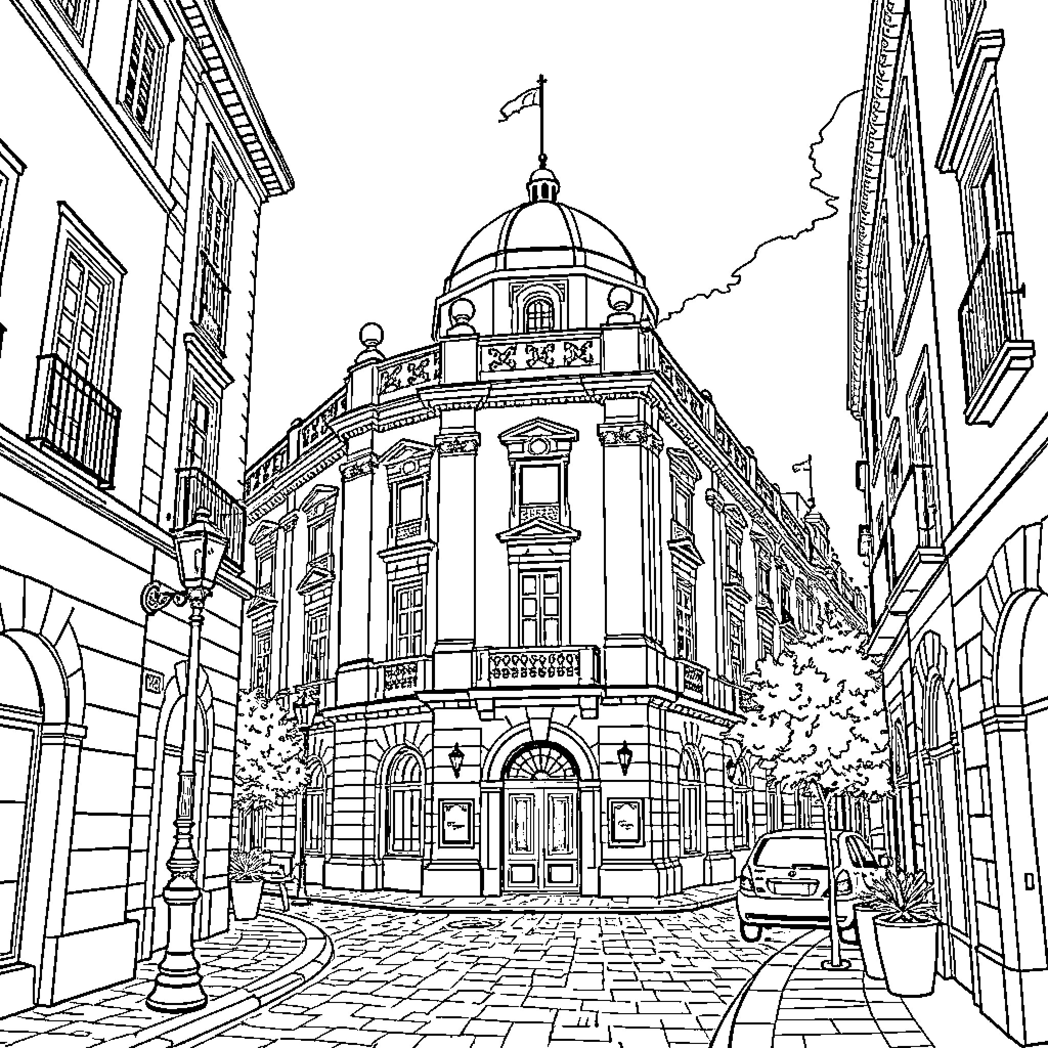 Building with Ornate Dome and Surrounding Architecture Coloring Page (free black-and-white line drawing printable PDF for all, from beginners to advanced learners, including children, teens, adults, and seniors)